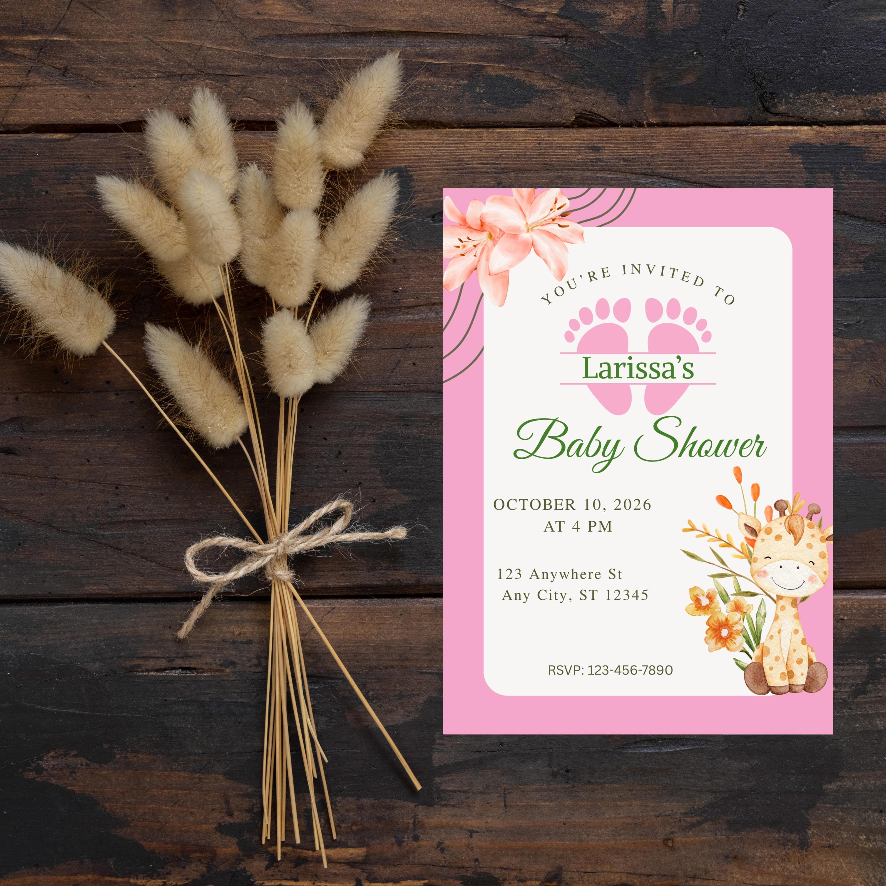 Editable Baby Shower Invitation Girl, Personalized Pink Party Invite, Canva Template, Instant Download