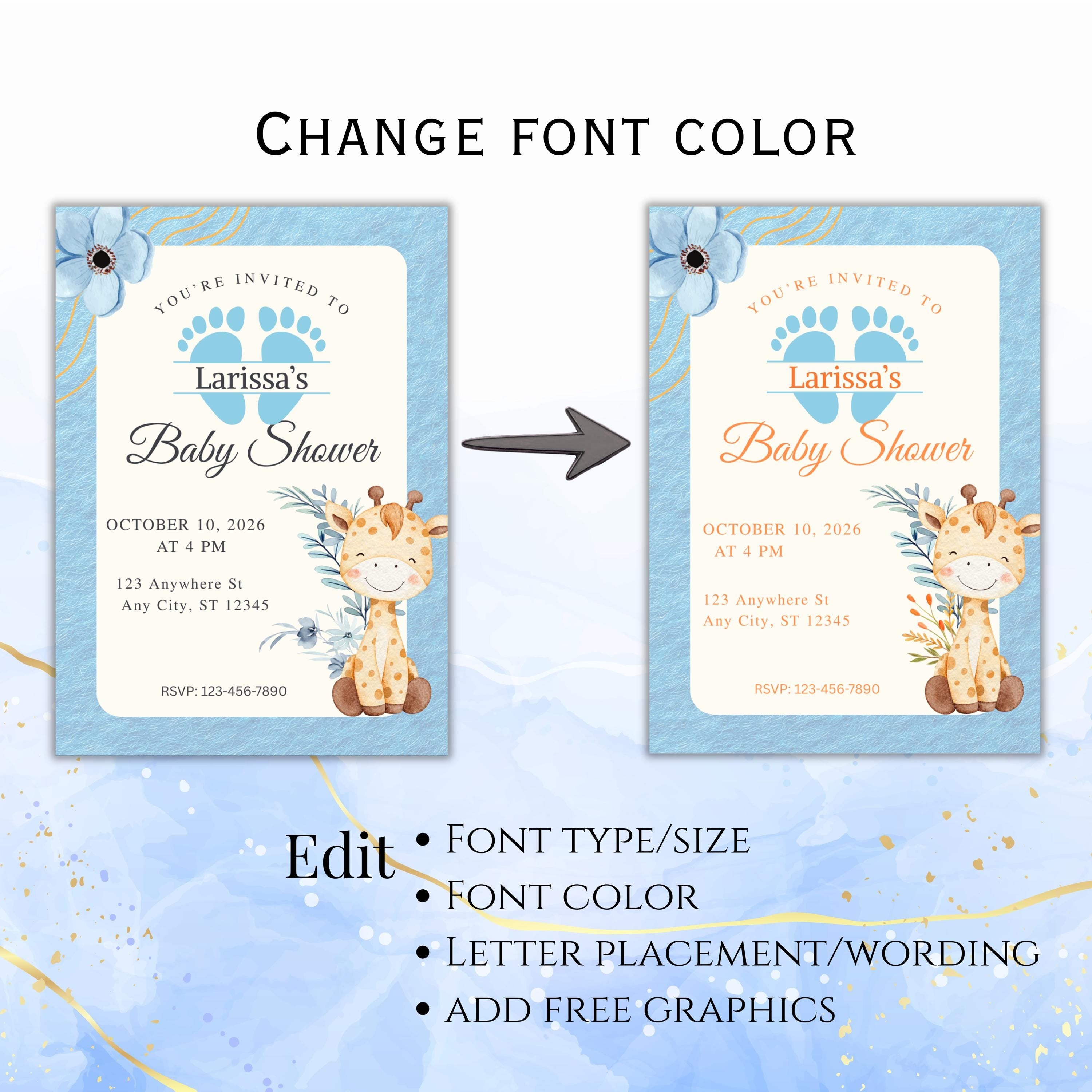 Editable Baby Shower Invitation, Blue Floral Boy Invite, Canva Personalized Template, Digital Download