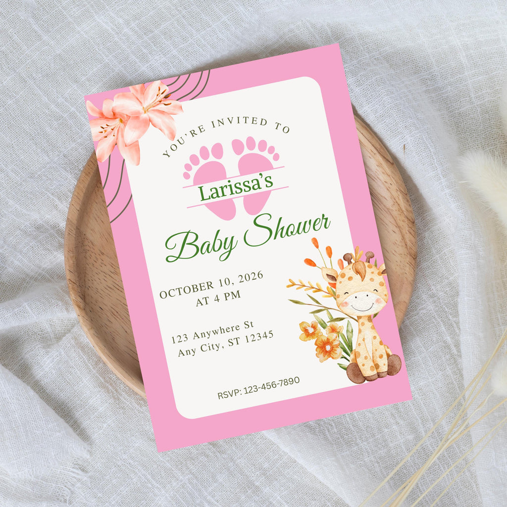 Editable Baby Shower Invitation Girl, Personalized Pink Party Invite, Canva Template, Instant Download