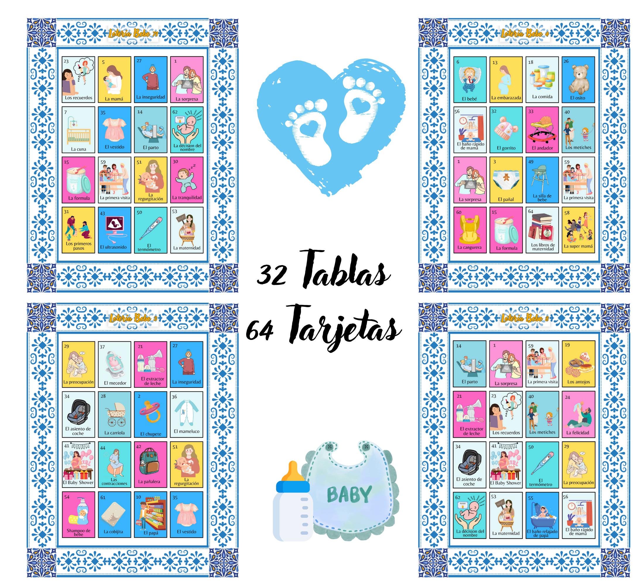 Talavera Baby Shower Loteria Game: Mexican Theme, Blue Design (PDF Downloadable Cards and Boards)
