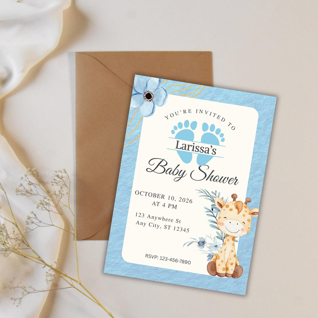 Editable Baby Shower Invitation, Blue Floral Boy Invite, Canva Personalized Template, Digital Download