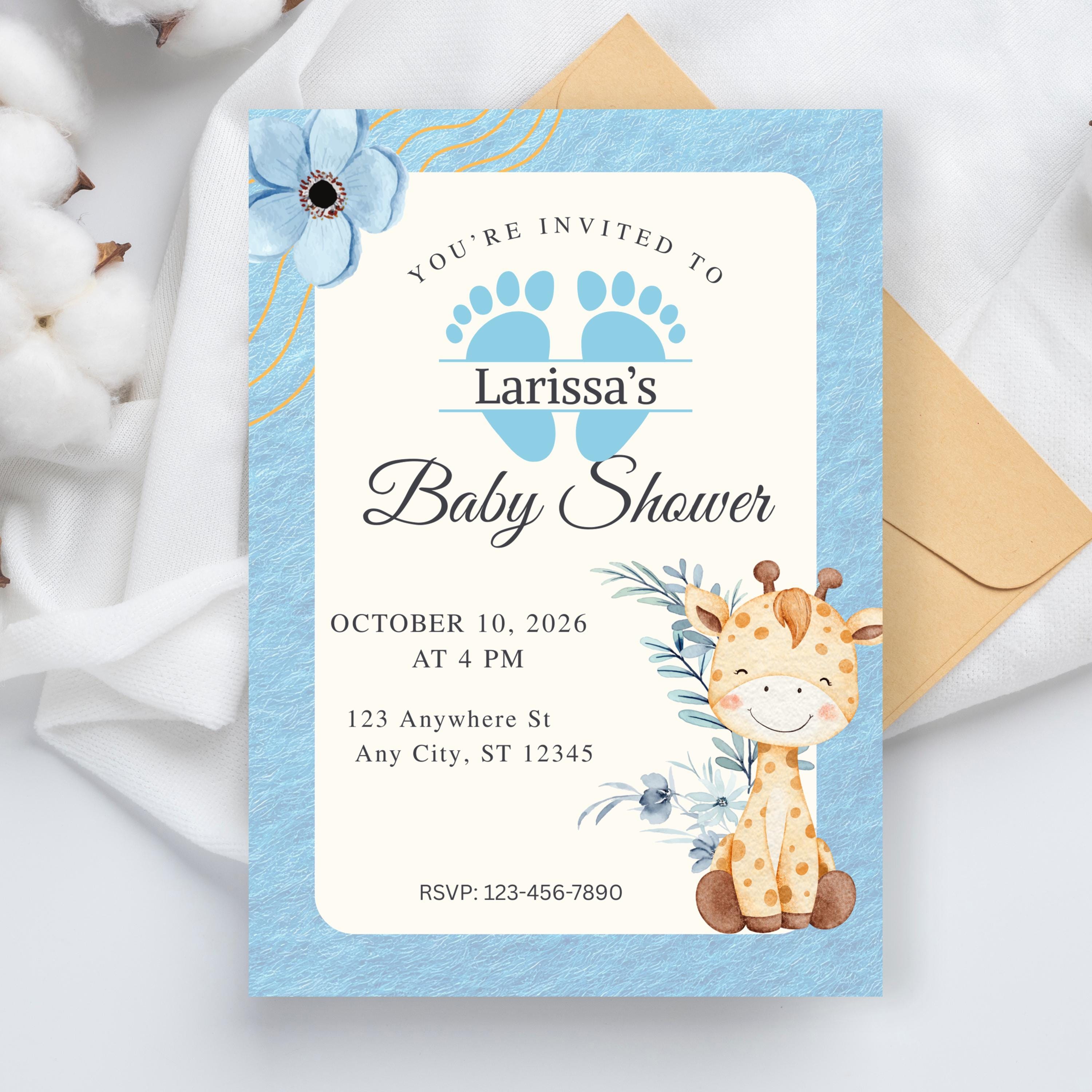 Editable Baby Shower Invitation, Blue Floral Boy Invite, Canva Personalized Template, Digital Download