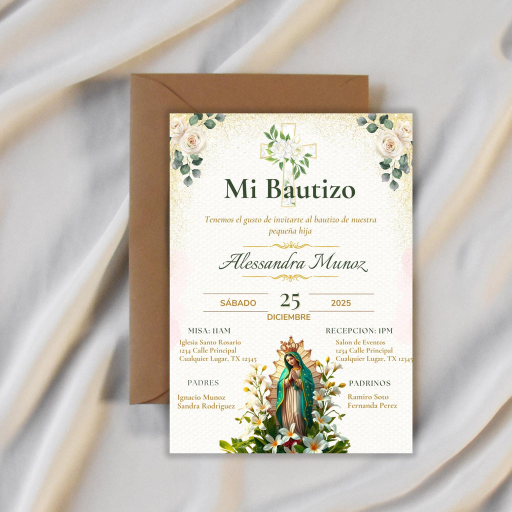 Virgen de Guadalupe Baptism Invitation: Spanish/English Boho Floral Religious Invite (Digital Download)