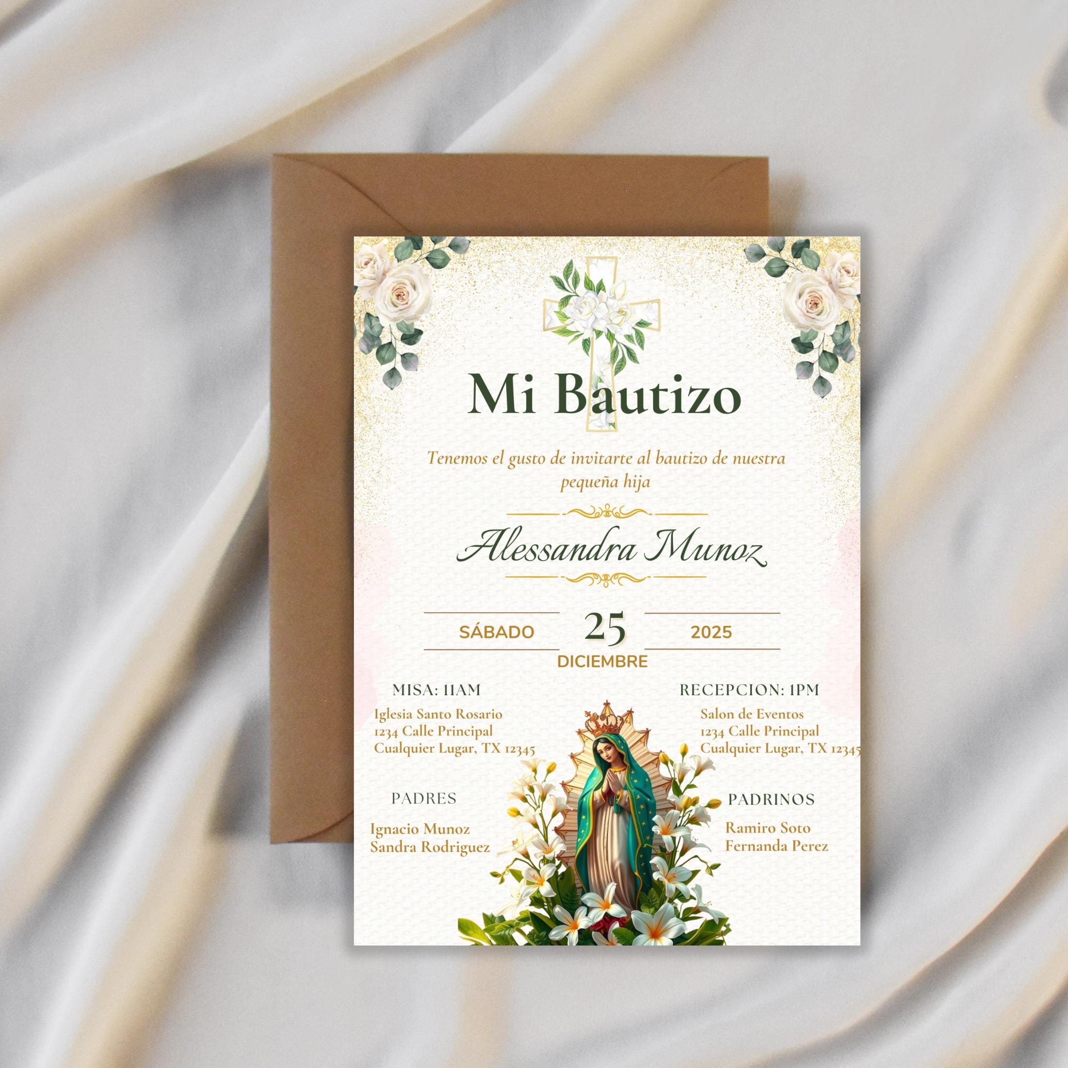 Virgen de Guadalupe Baptism Invitation: Spanish/English Boho Floral Religious Invite (Digital Download)