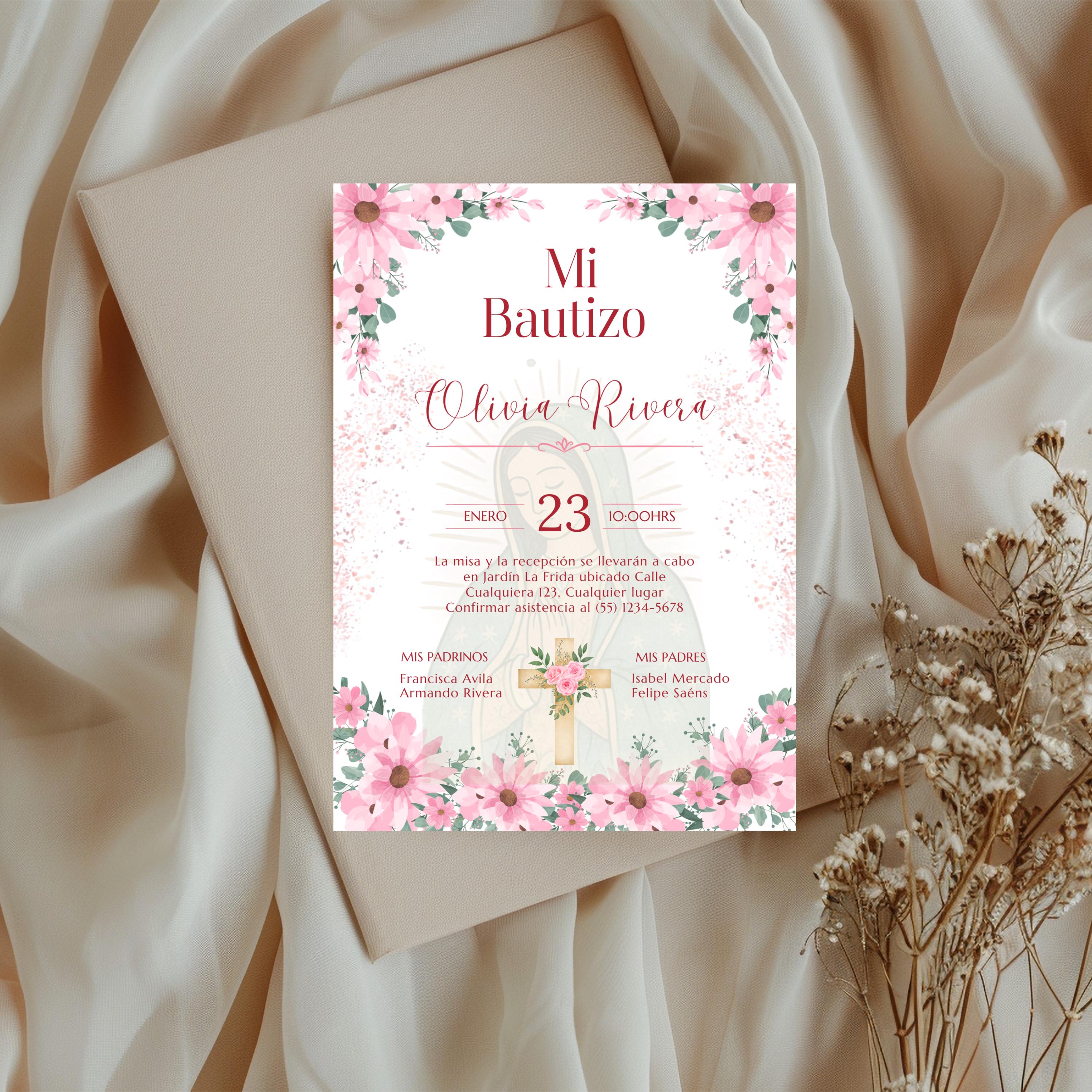 Editable Spanish Baptism Invitation Template, Mi Bautizo Pink Floral Invite, Virgen de Guadalupe
