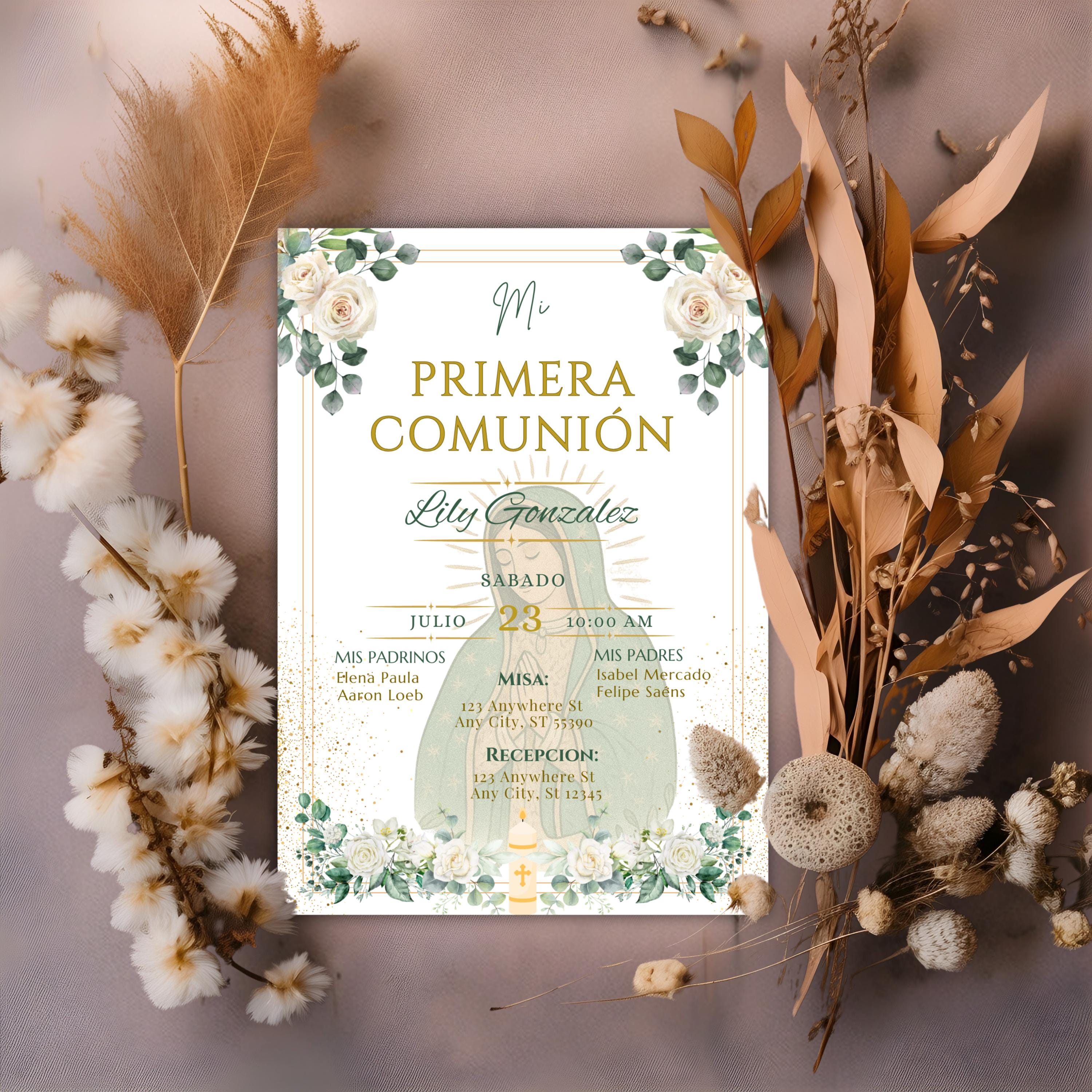 Invitación Mi Primera Comunión Niño o Niña, Invitacion Virgen de Guadalupe Para Evento Religioso