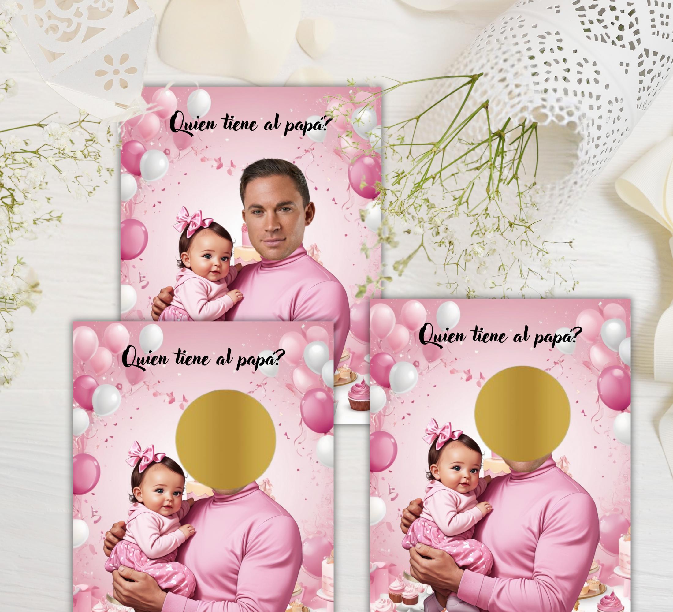 Quien Tiene Al Papa Baby Shower Game, Spanish Pink Scratch-off Cards With Stickers