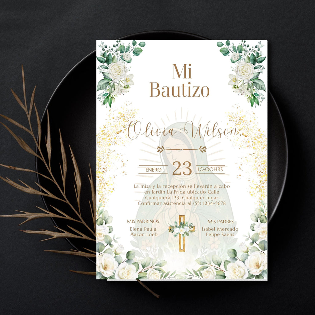 Virgen de Guadalupe Baptism Invitation: Boho Floral Design (Digital Download 5x7) Spanish/English Invite