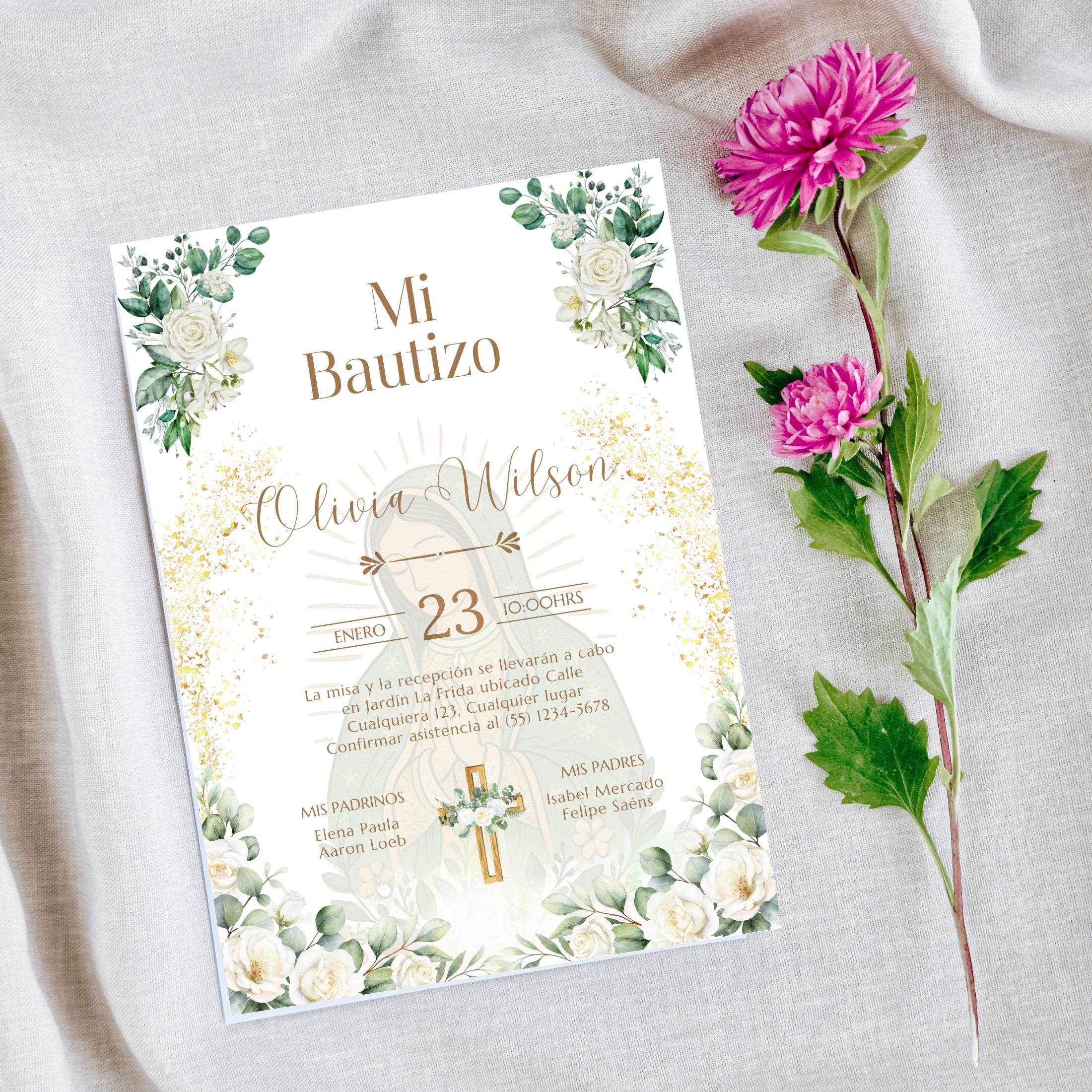Invitacio de Bautizo Para Nina o Nino, Virgen de Guadalupe Boho Floral Invite Design