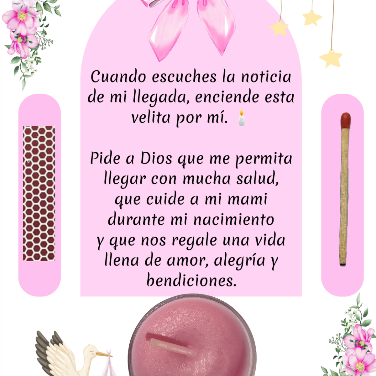 Pink Baby Shower Prayer Candle Favor | Spanish Baby Girl Party Favor