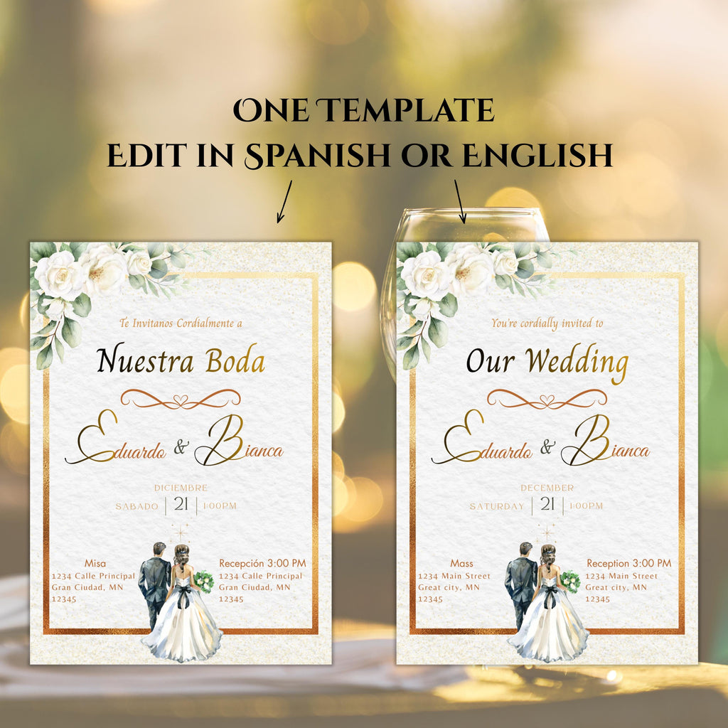 Spanish/English Elegant Wedding Invitation, Gold Floral Boho design, Bilingual Editable Digital Invite