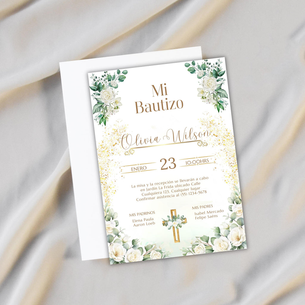 Baptism Invitation, Invitacion de Bautizo, Floral Boho Elegant Invitation for Religious Event