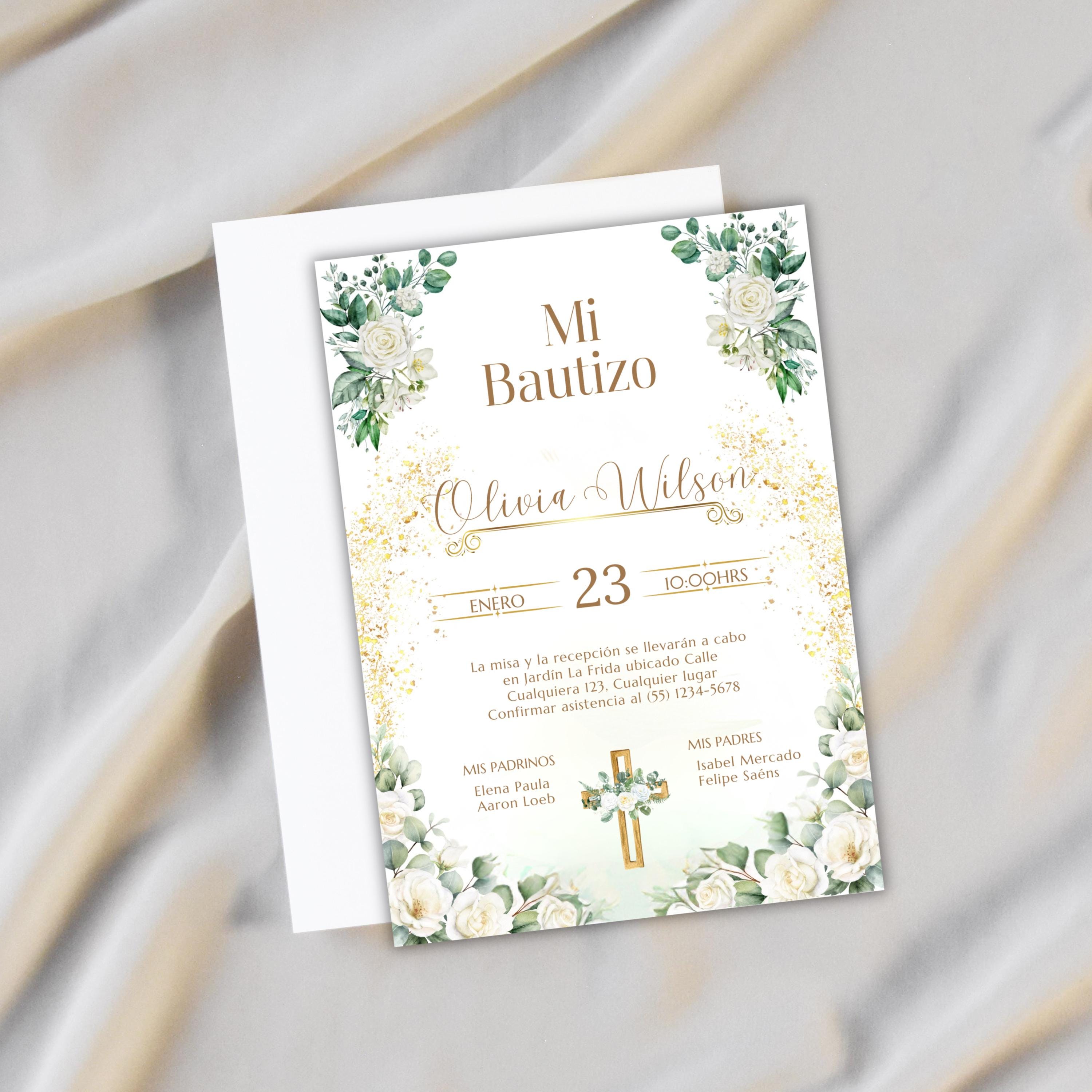 Baptism Invitation, Invitacion de Bautizo, Floral Boho Elegant Invitation for Religious Event