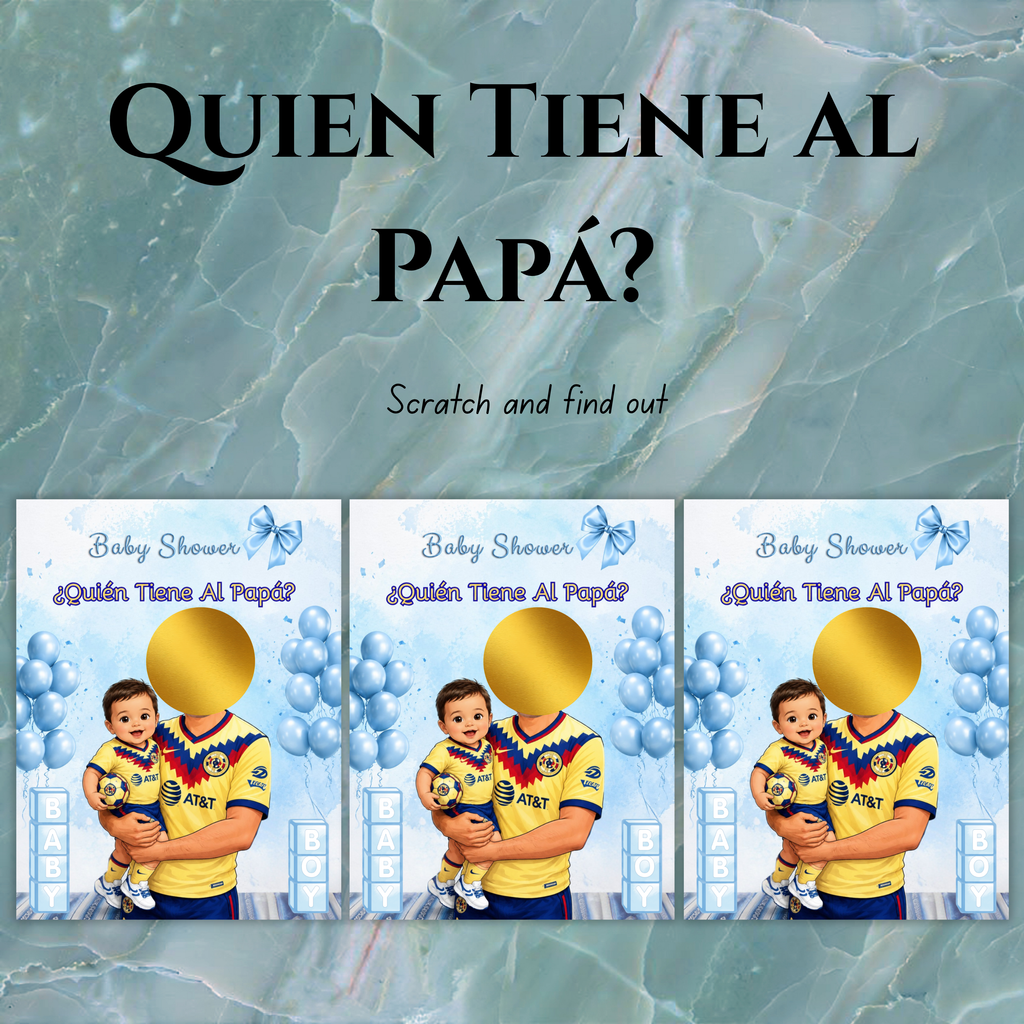 Baby Shower Game Quien Tiene Al Papa Featuring El America Soccer Jersey, Blue Cards For Boy Baby Shower, Who Has The Dad Spanish Scratch off Game