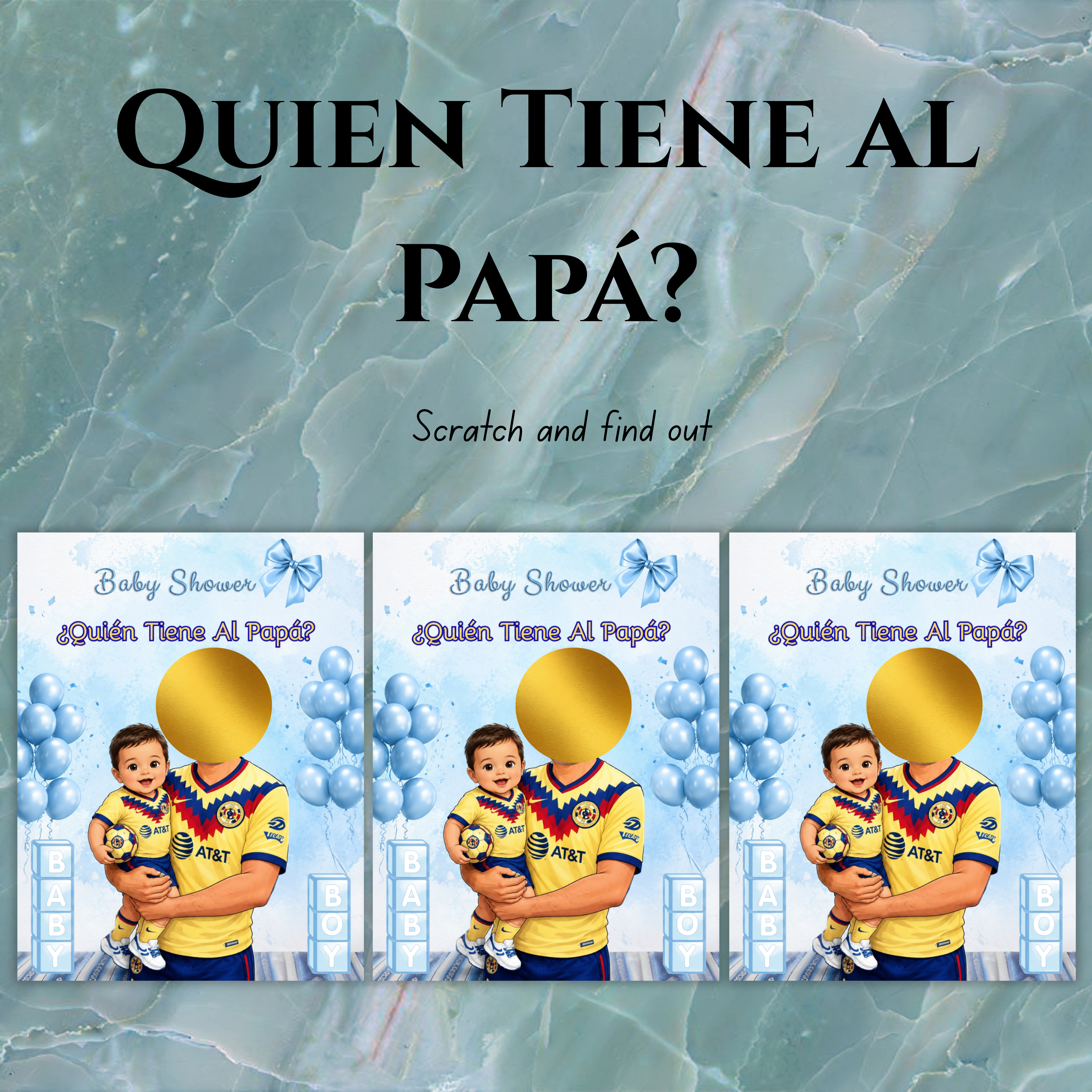 Baby Shower Game Quien Tiene Al Papa Featuring El America Soccer Jersey, Blue Cards For Boy Baby Shower, Who Has The Dad Spanish Scratch off Game