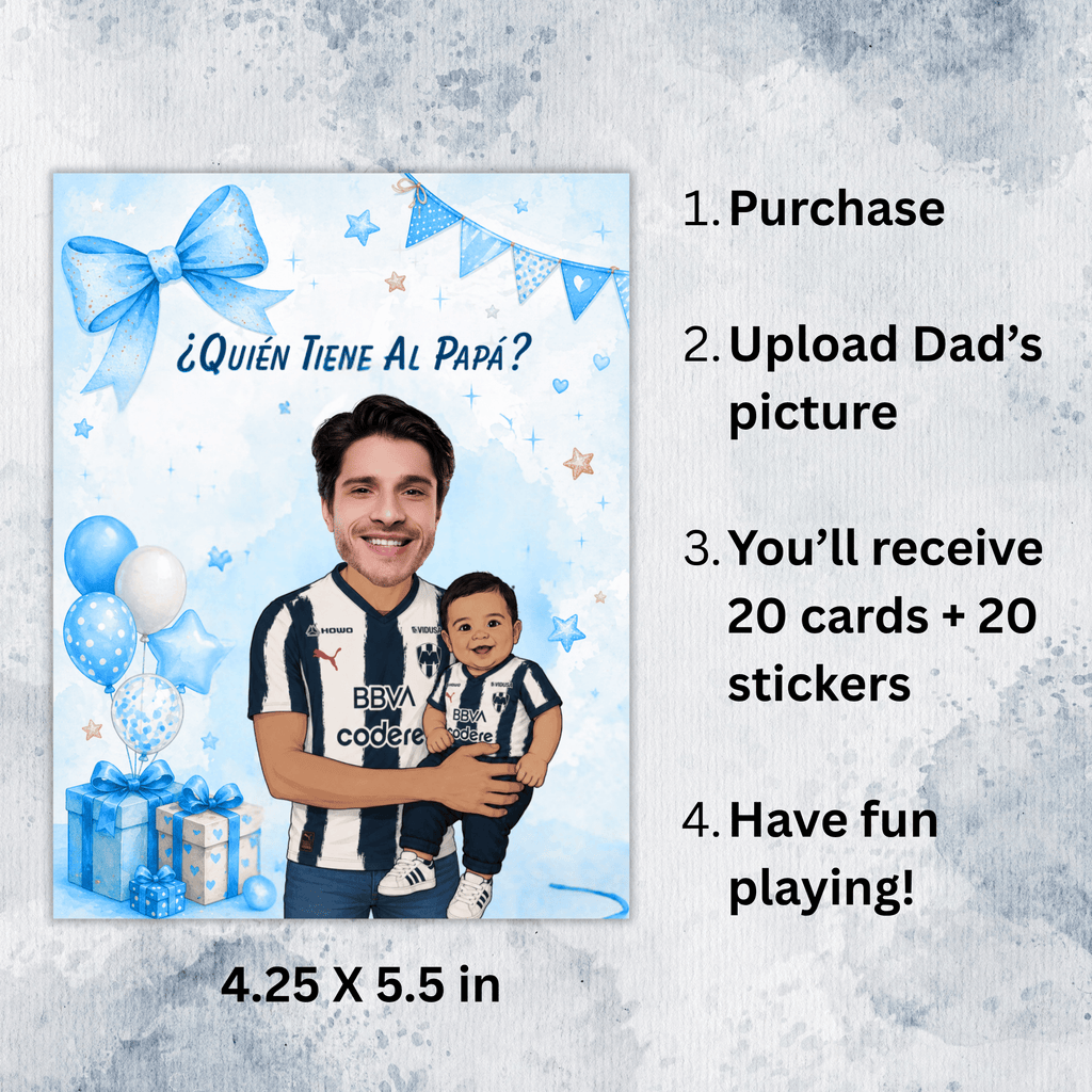 Baby Shower Quien Tiene Al Papá Game, Los Rayados Baby Boy Personalized Cards For Shower Game