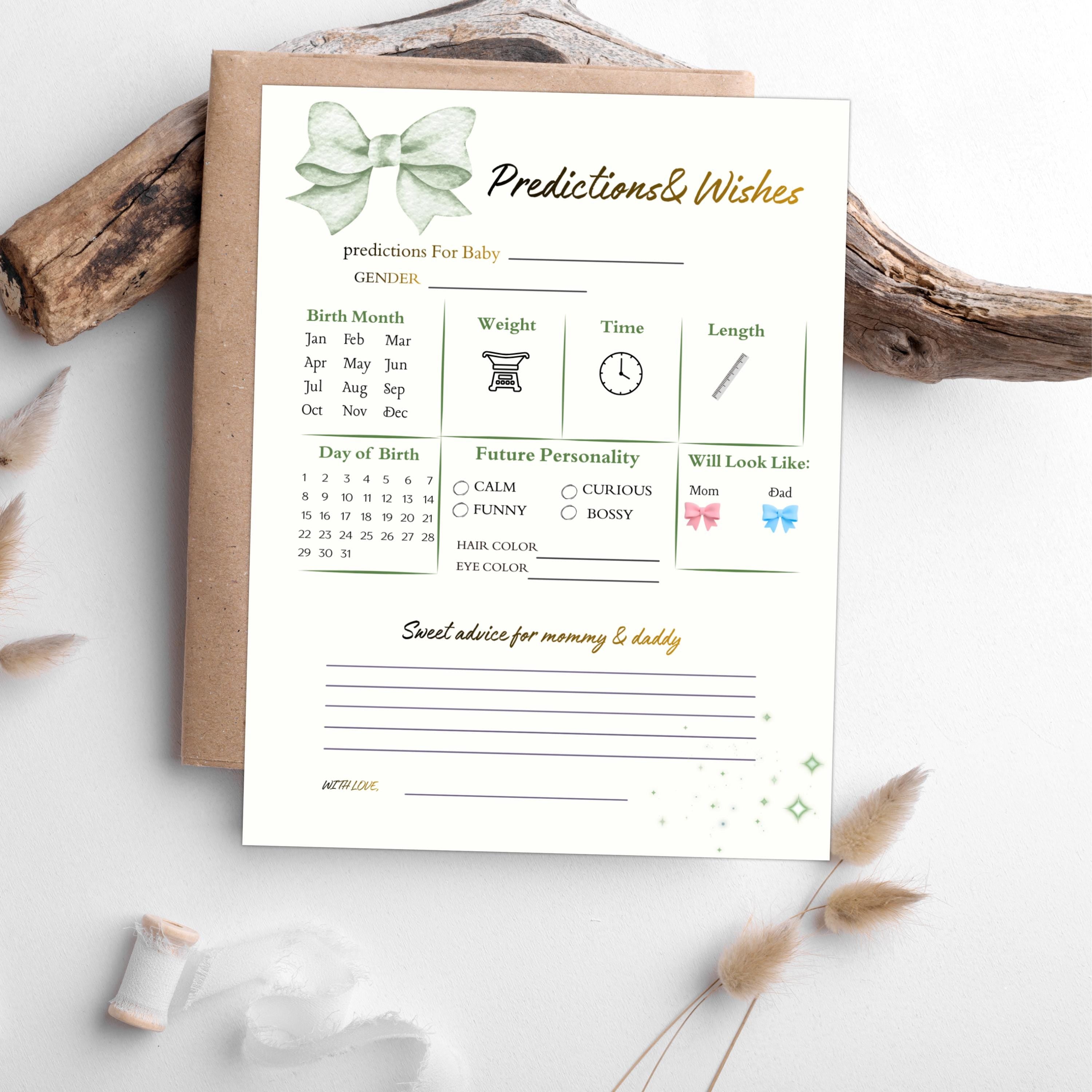 Baby Shower Prediction And Wishes Card, Boho Gender Neutral, Green Printable Cards, Digital Download