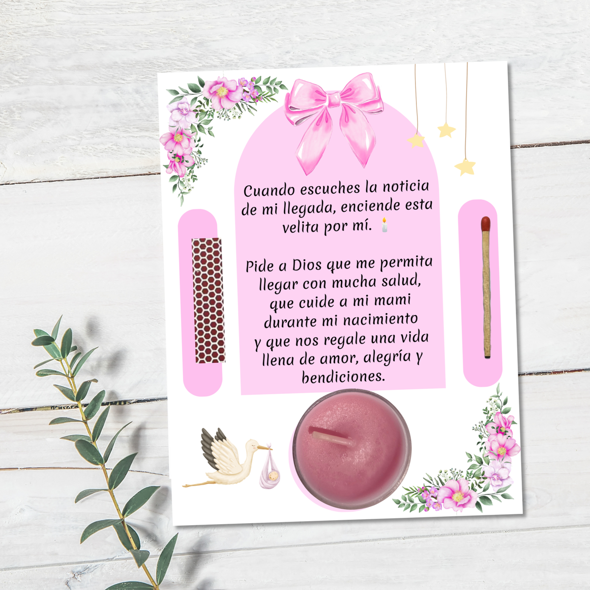 Pink Baby Shower Prayer Candle Favor | Spanish Baby Girl Party Favor