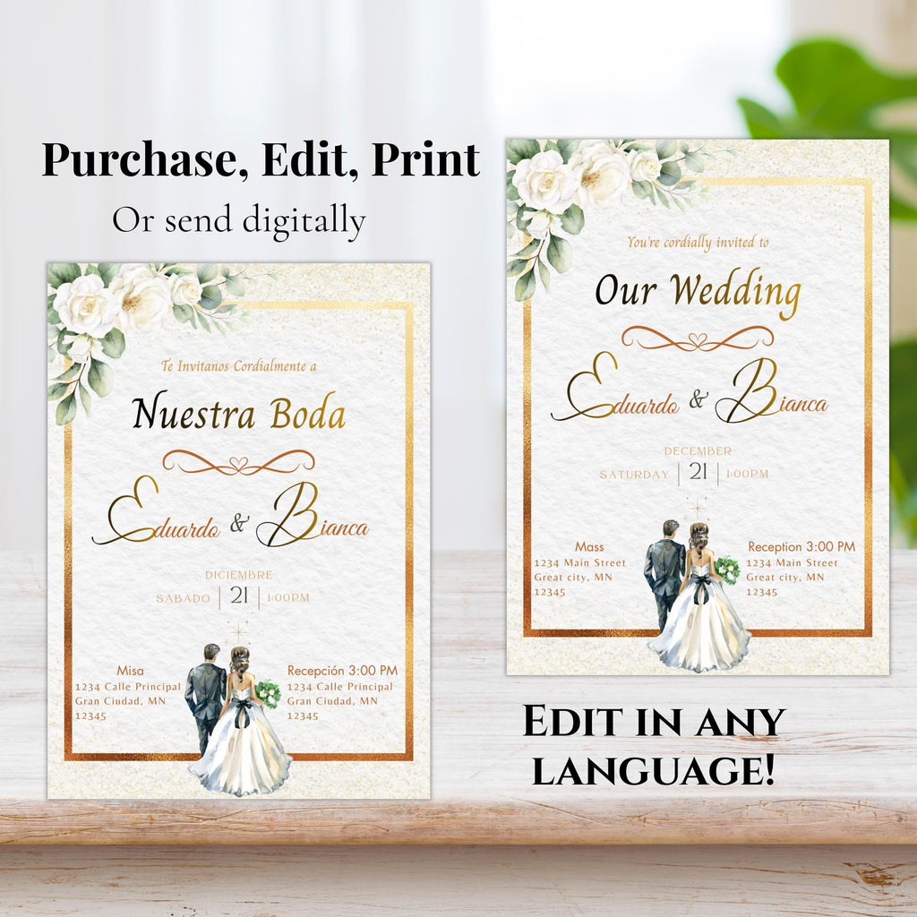 Spanish/English Elegant Wedding Invitation, Gold Floral Boho design, Bilingual Editable Digital Invite