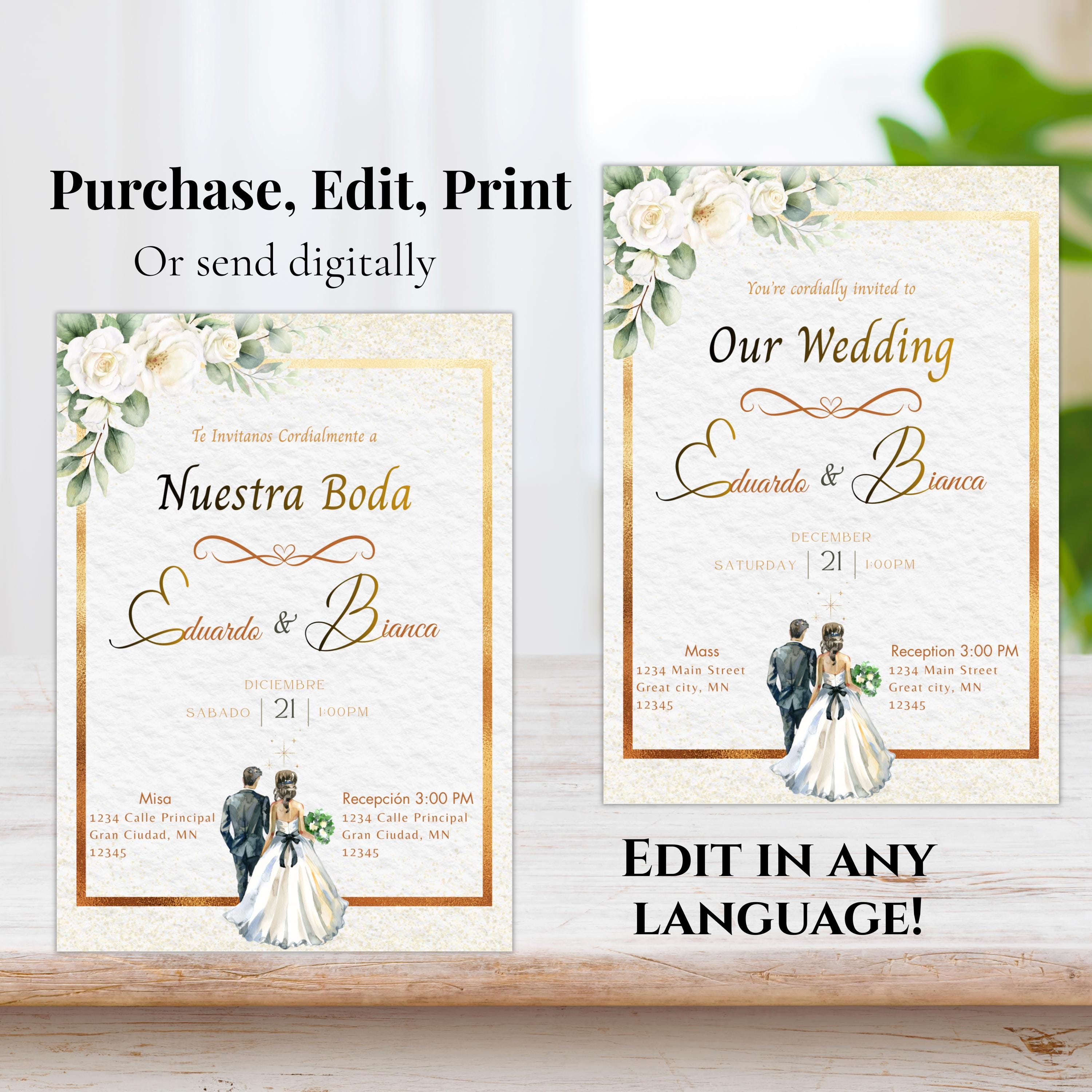 Spanish/English Elegant Wedding Invitation, Gold Floral Boho design, Bilingual Editable Digital Invite
