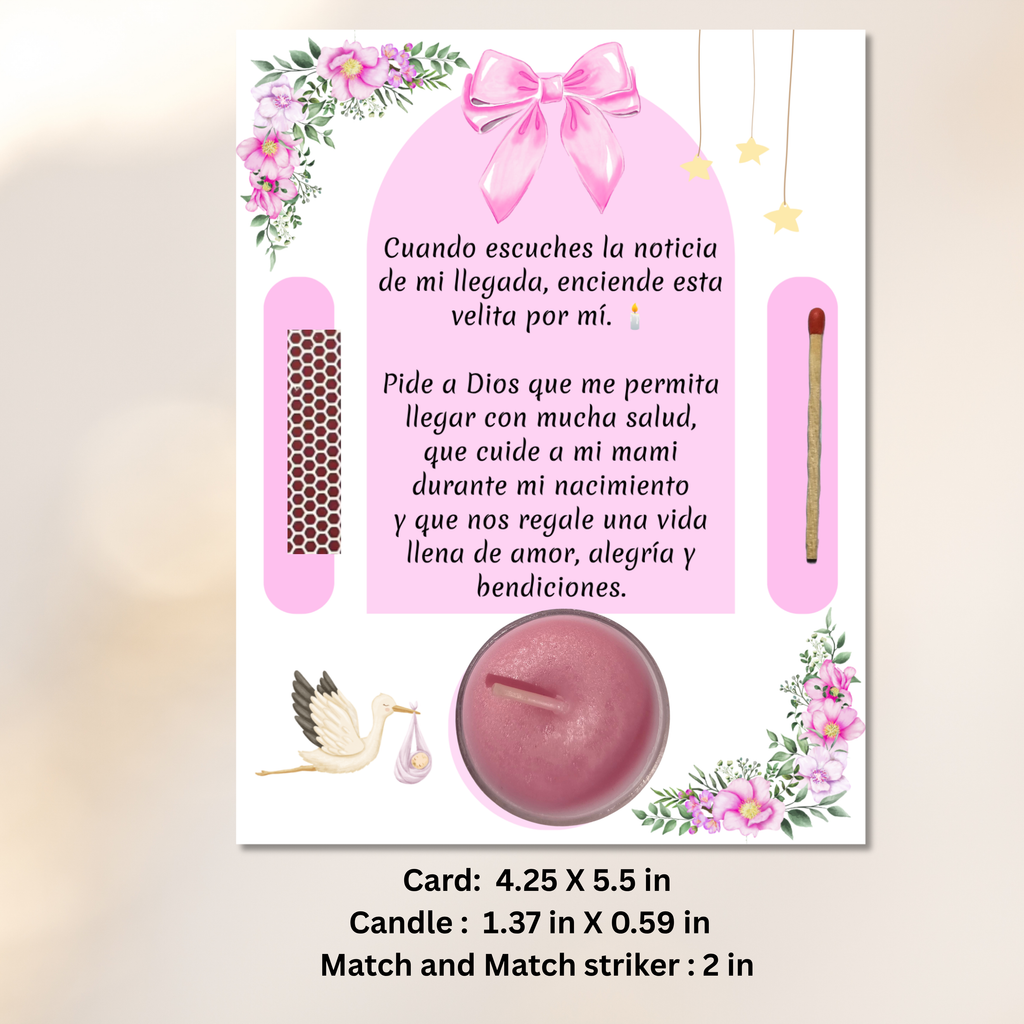 Pink Baby Shower Prayer Candle Favor | Spanish Baby Girl Party Favor
