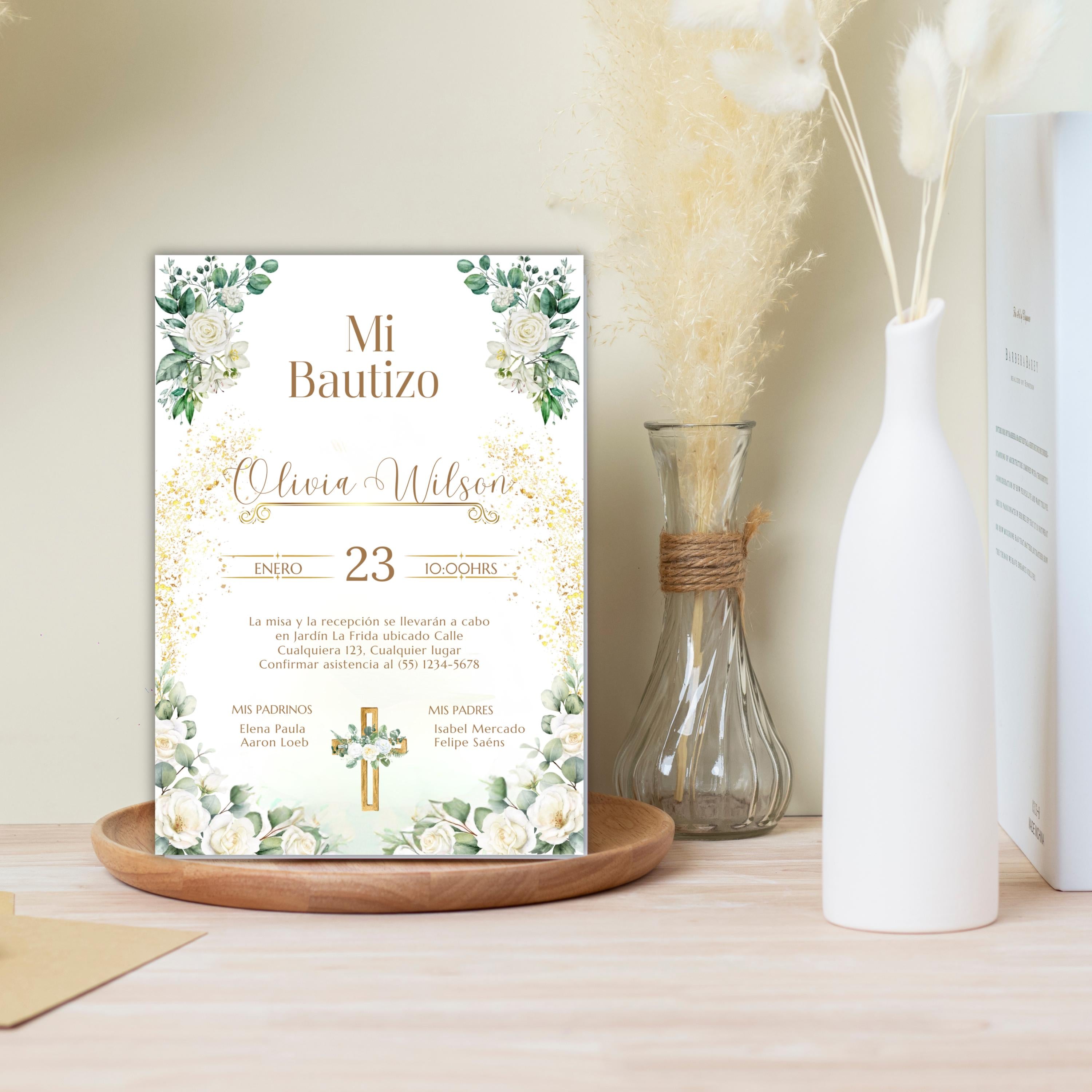 Baptism Invitation, Invitacion de Bautizo, Floral Boho Elegant Invitation for Religious Event