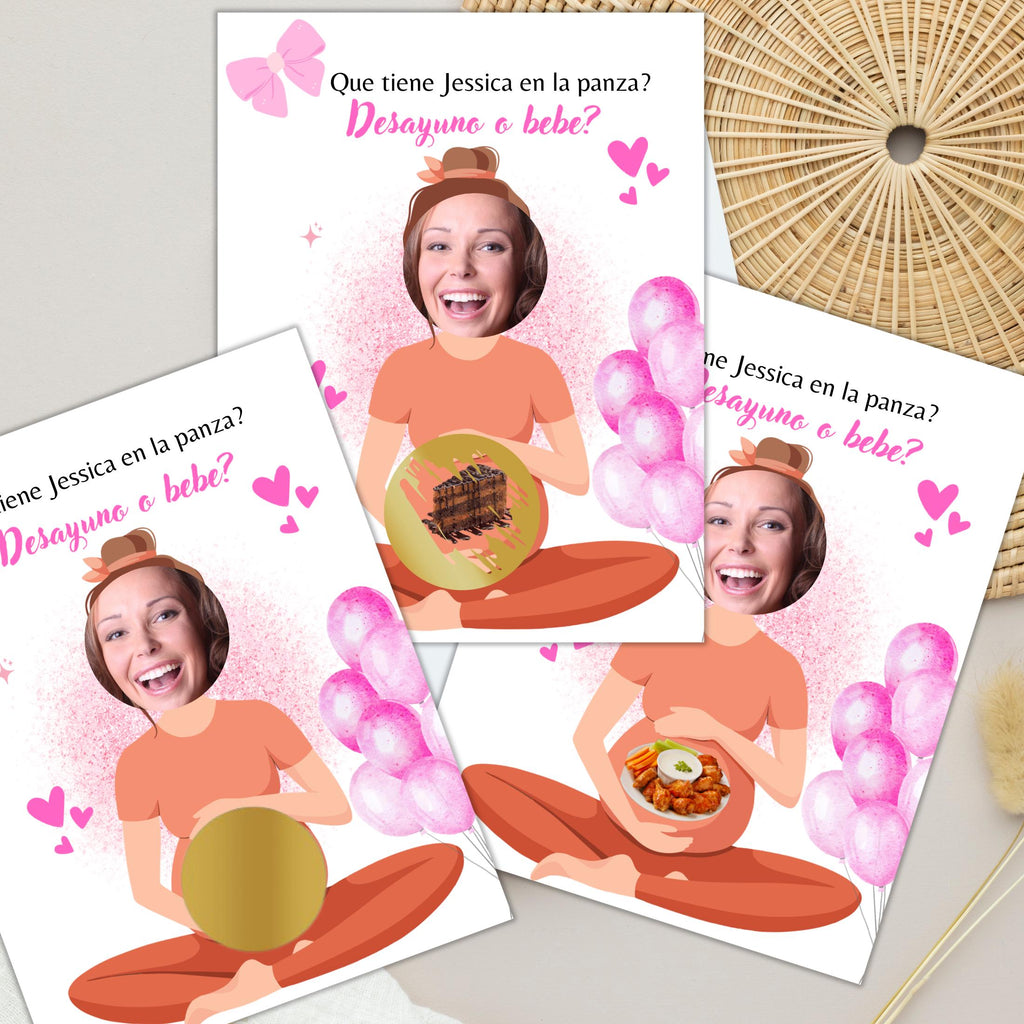 Spanish Baby Shower Game, Bebé o Desayuno, Quien Tiene al Bebe Pink scratch off cards