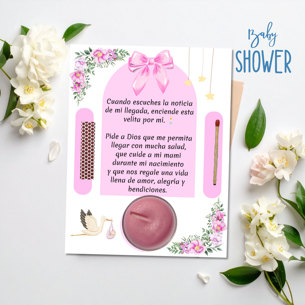 Pink Baby Shower Prayer Candle Favor | Spanish Baby Girl Party Favor