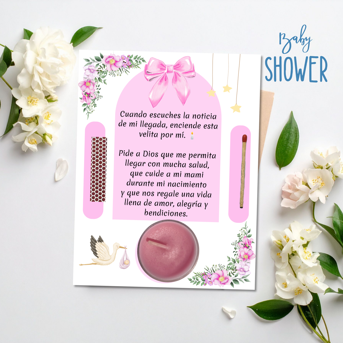 Pink Baby Shower Prayer Candle Favor | Spanish Baby Girl Party Favor