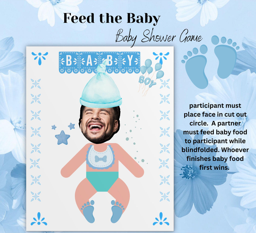 Funny Baby Shower Game: Feed the Baby Poster, Blue Theme (Digital Download) Face Cut Out