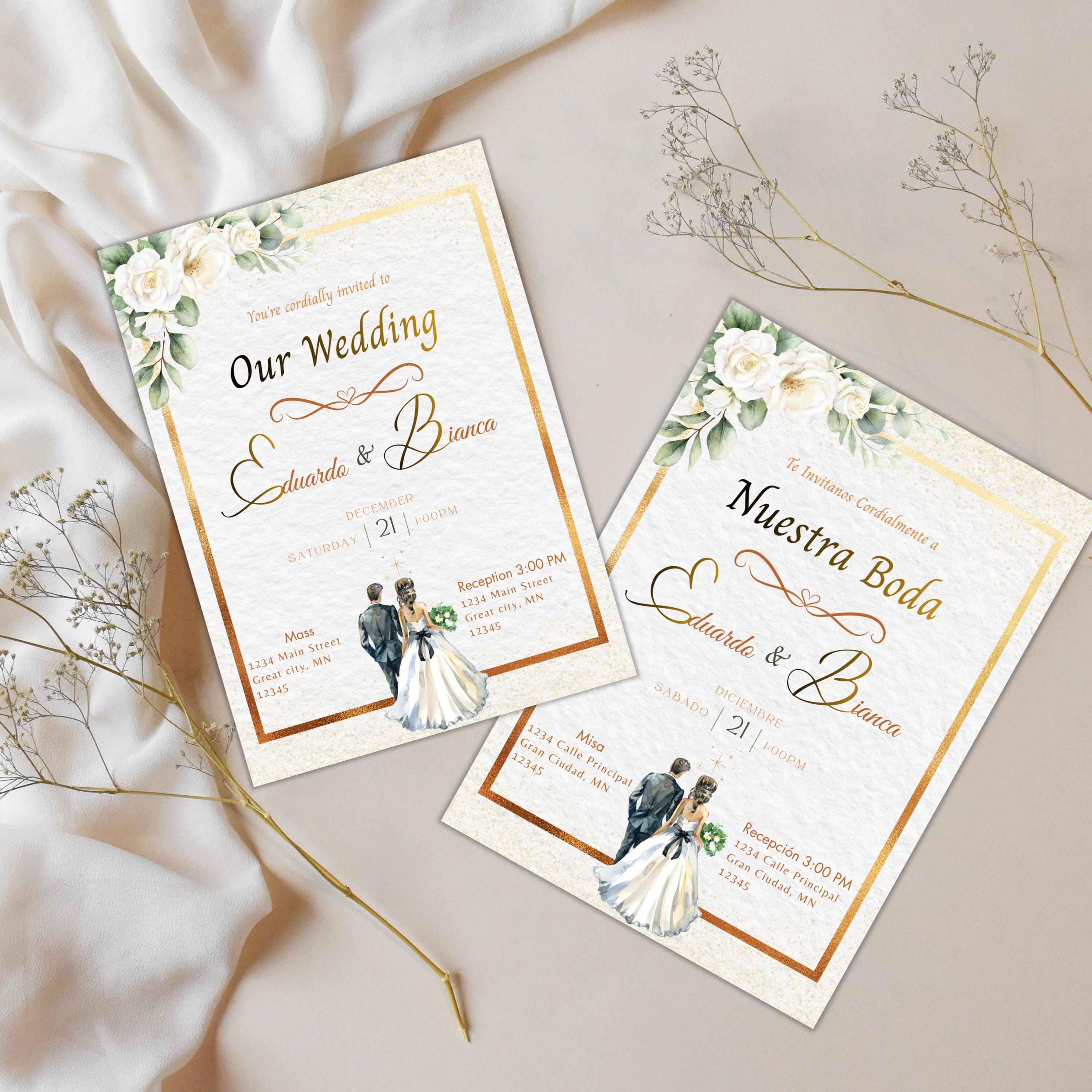 Elegant Spanish Wedding Invitation, Gold Floral design Template, Bilingual Editable Digital Invite