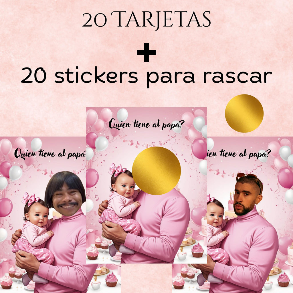 Quien Tiene Al Papa Baby Shower Game, Spanish Pink Scratch-off Cards With Stickers