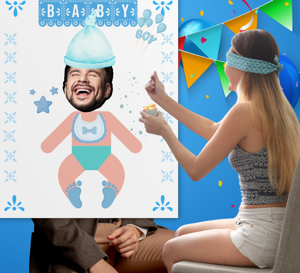 Funny Baby Shower Game: Feed the Baby Poster, Blue Theme (Digital Download) Face Cut Out