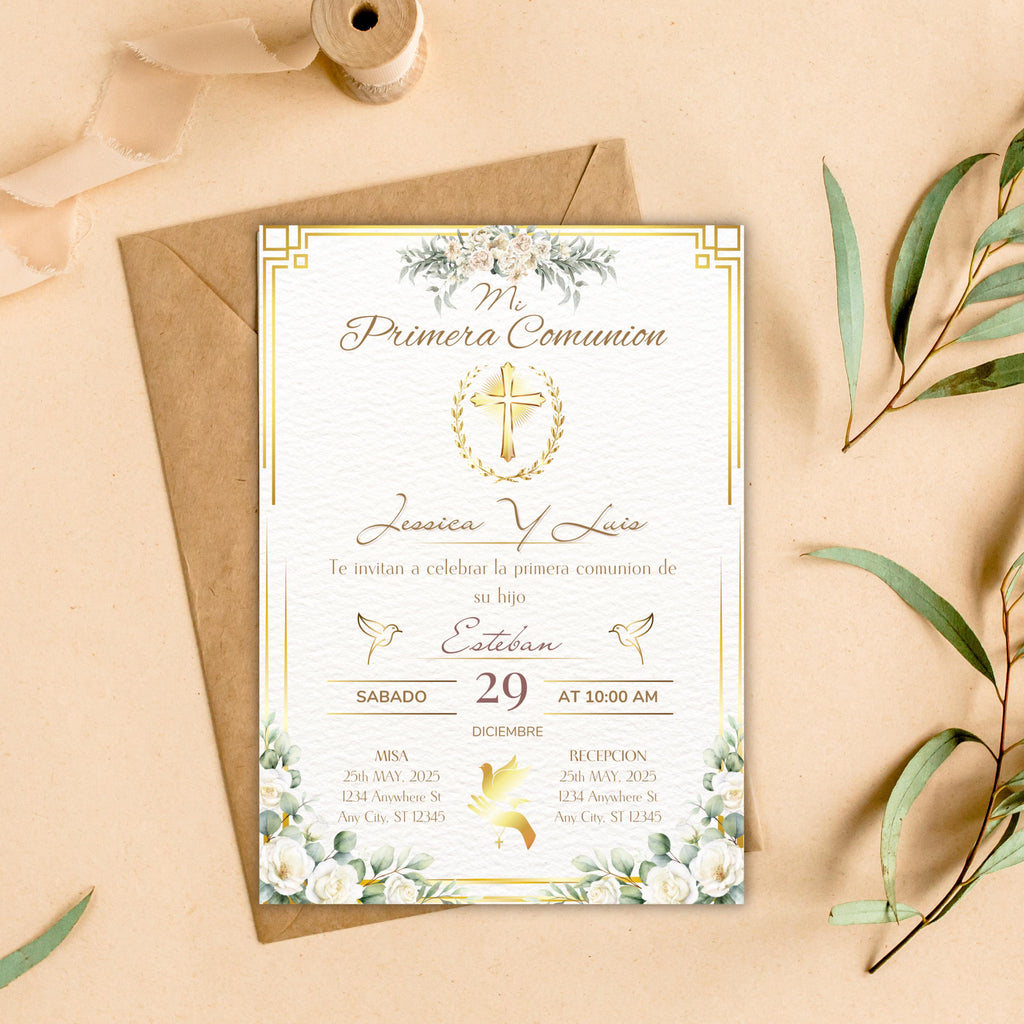 Invitación de Primera Comunión, Elegant First Communion Invitation, Invitacion Elegante Religiosa, Digital Download