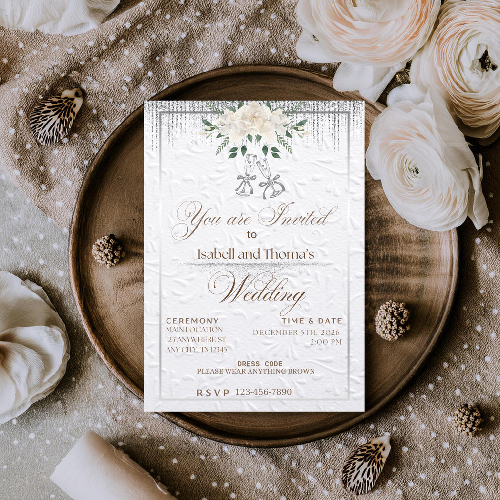White and Silver Elegant Wedding Invitation, Digital Canva Template For Minimalistic Wedding Invite