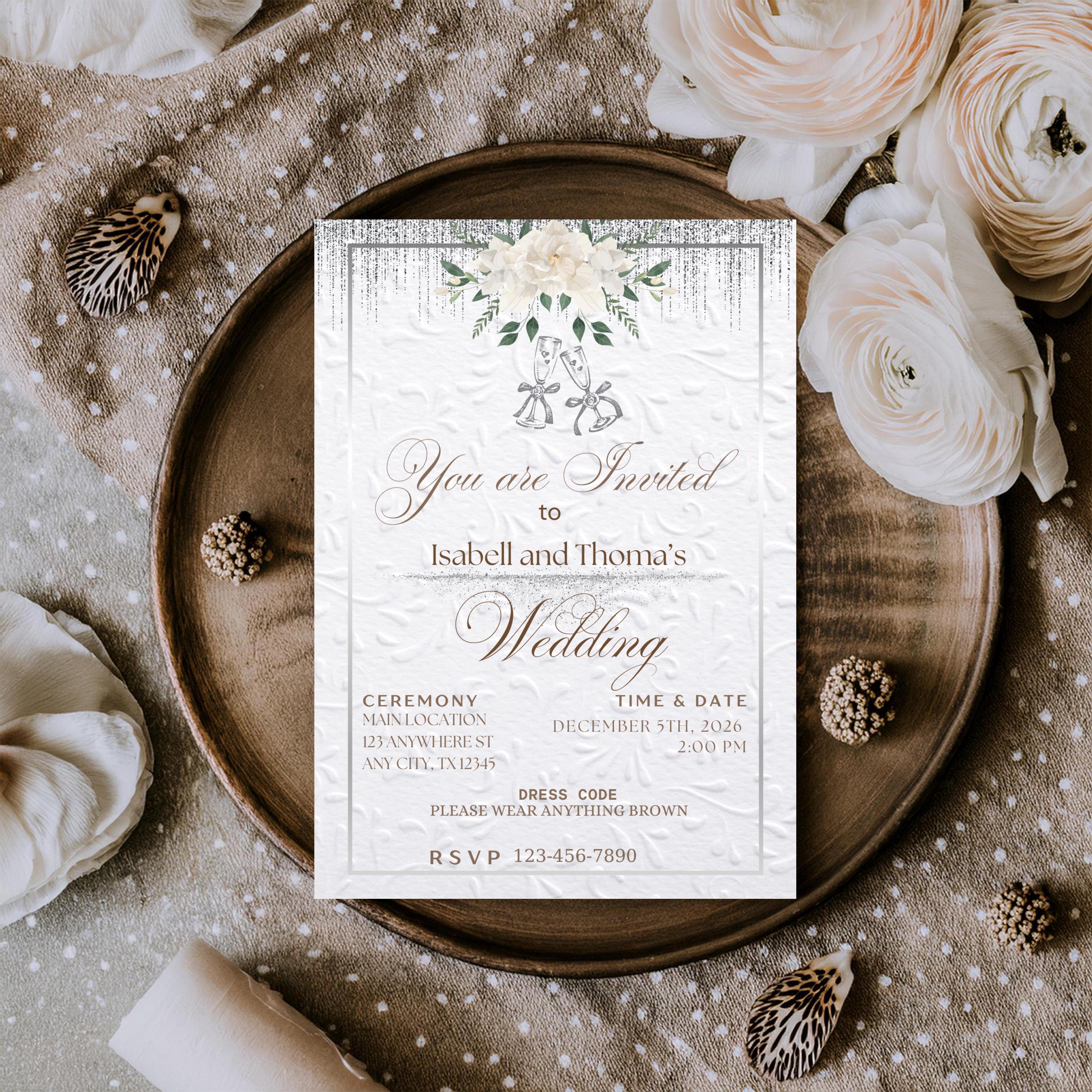 White and Silver Elegant Wedding Invitation, Digital Canva Template For Minimalistic Wedding Invite