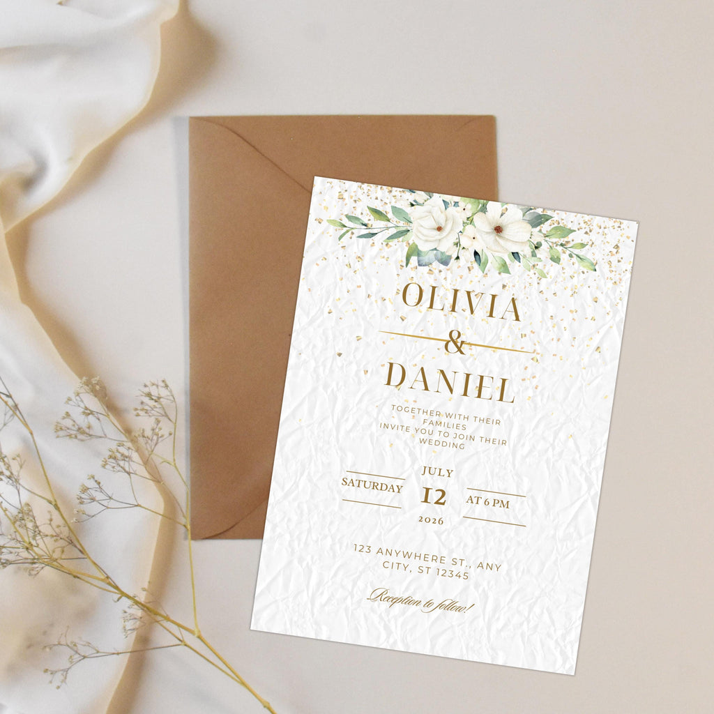 Minimalistic Wedding Invitation Bundle Template, Gold and White Elegant 5x7 Suite RSVP, Save The Date