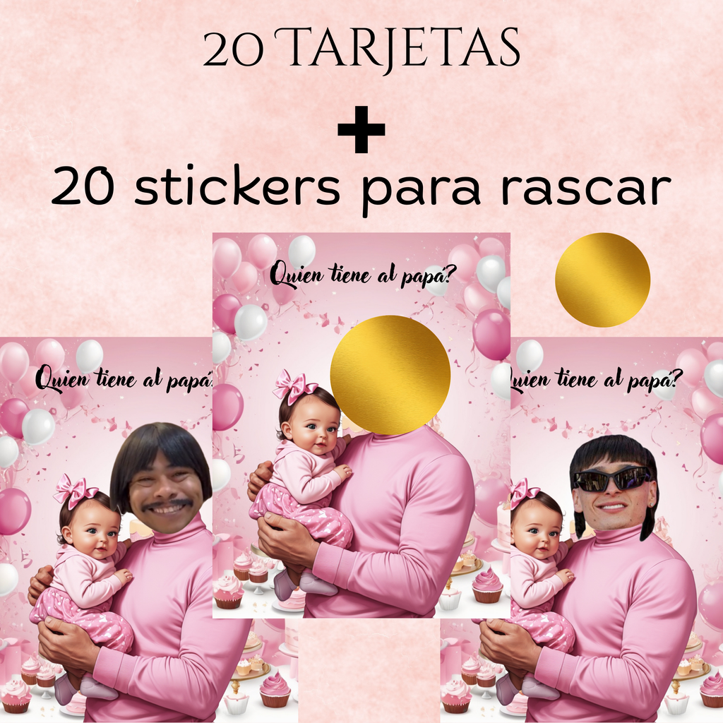 Quien Tiene Al Papa Baby Shower Game, Spanish Pink Scratch-off Cards With Stickers