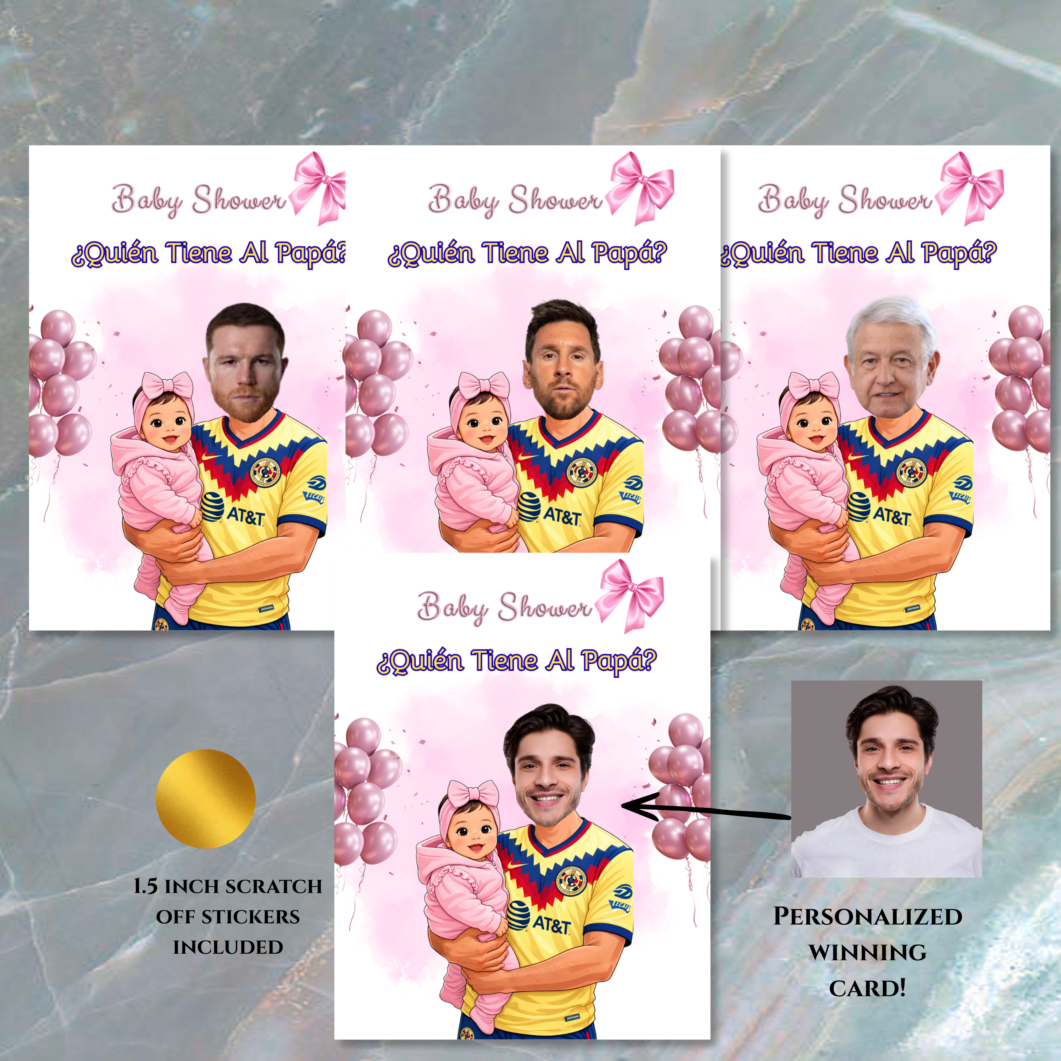 Quien Tiene Al Papá Baby Shower Game Featuring El America Soccer Jersey, Pink Who Has The Dad Scratch off Cards For Baby Girl Shower