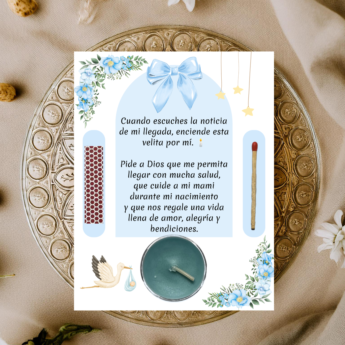 Blue Baby Shower Prayer Candle Favor | Spanish Baby Boy Party Favor