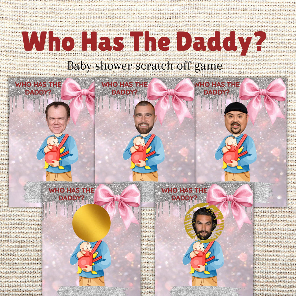 Digital Baby Shower Game, Who Has The Daddy, Coquette Pink and Silver Theme Scratch-Off Cards