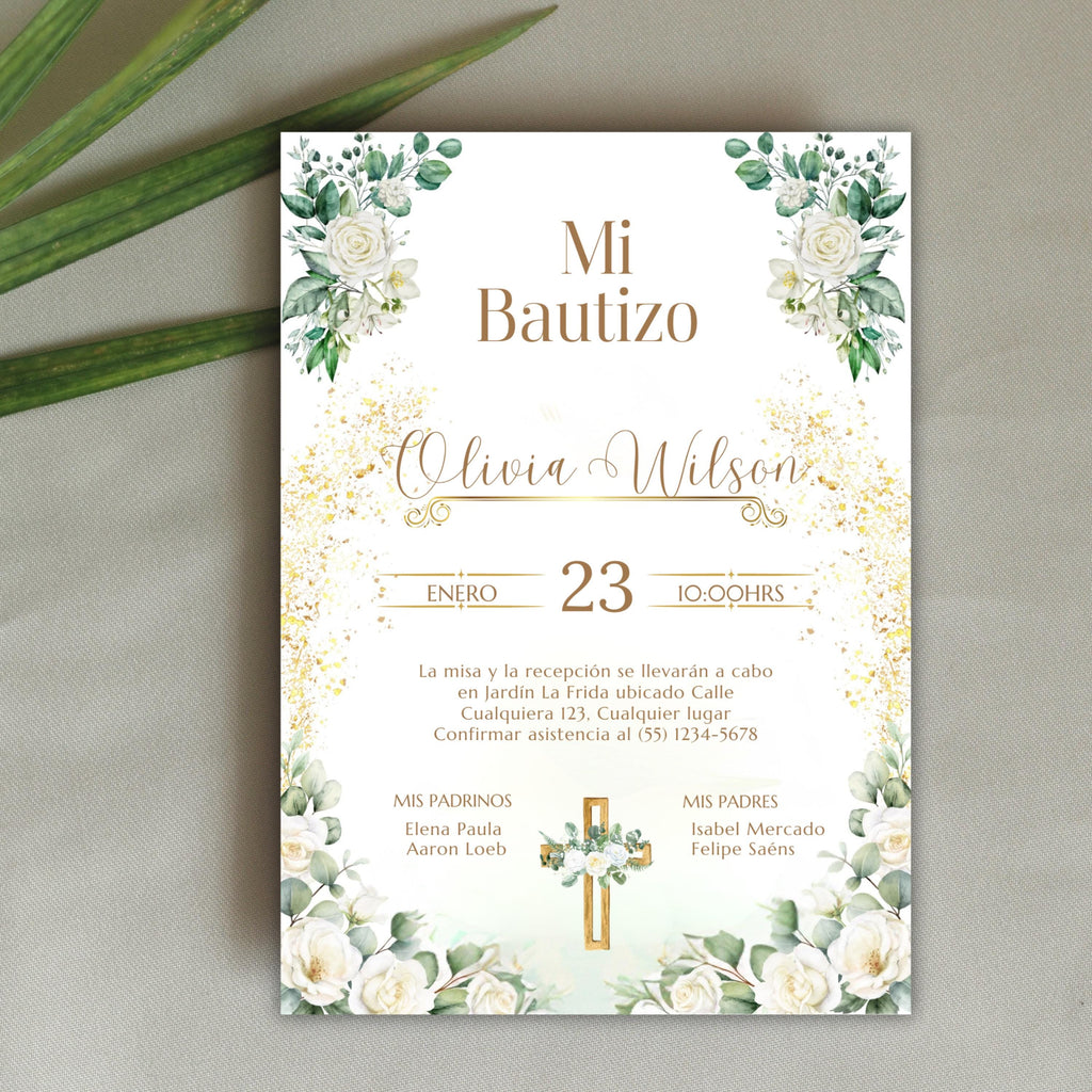 Baptism Invitation, Invitacion de Bautizo, Floral Boho Elegant Invitation for Religious Event
