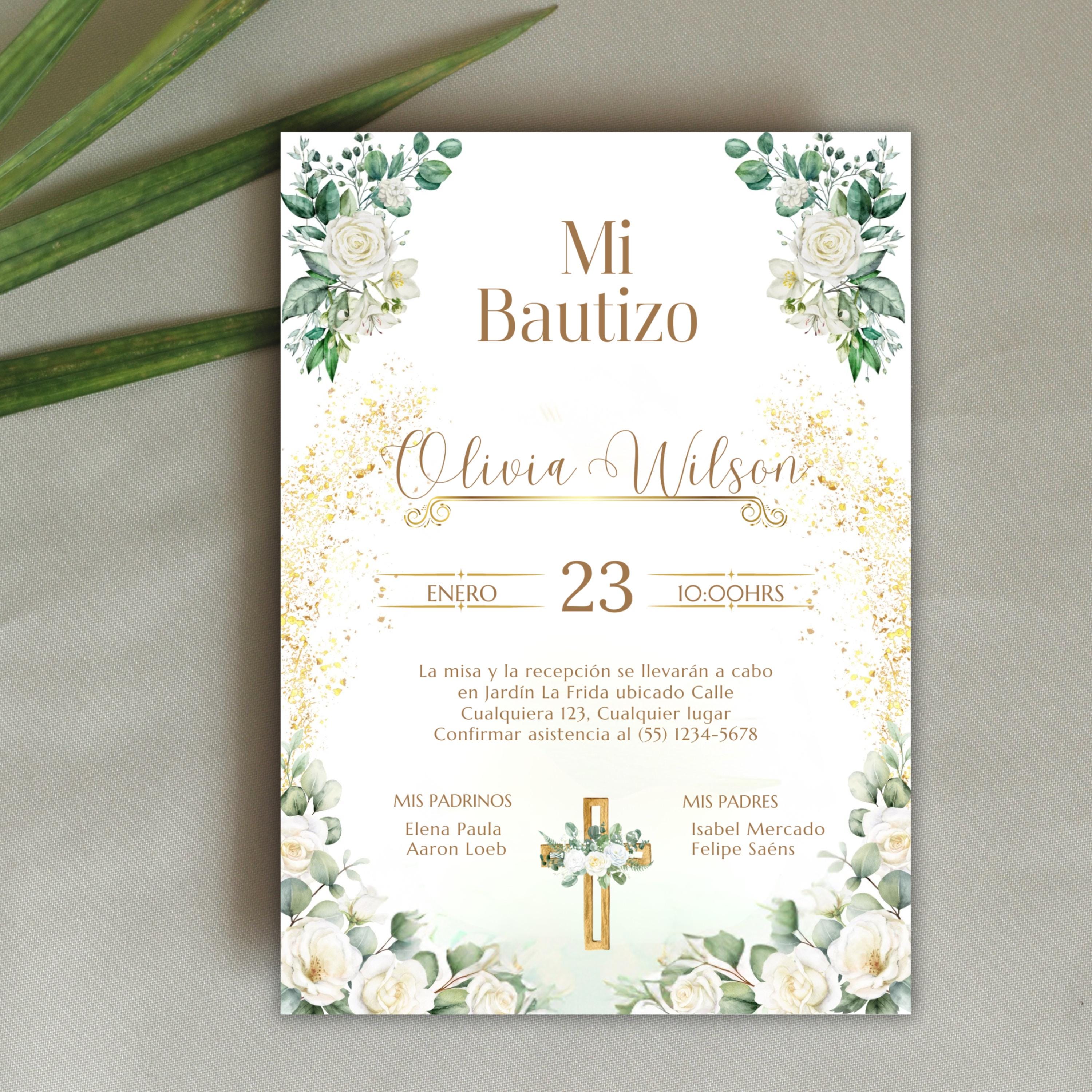 Baptism Invitation, Invitacion de Bautizo, Floral Boho Elegant Invitation for Religious Event