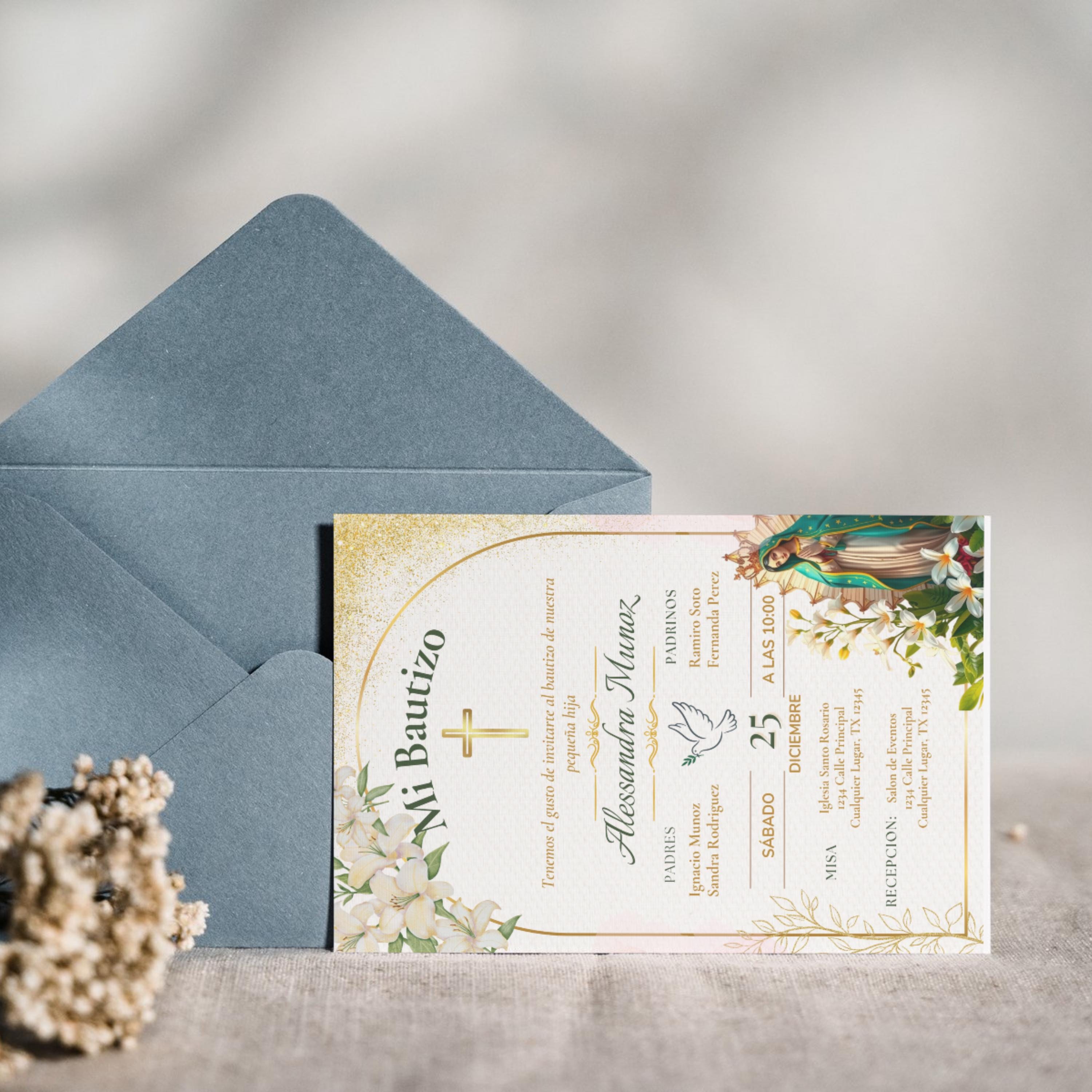 Baptism Editable Virgen de Guadalupe Invitation, Spanish/English Religious Invite,  Personalized Christening Invitation