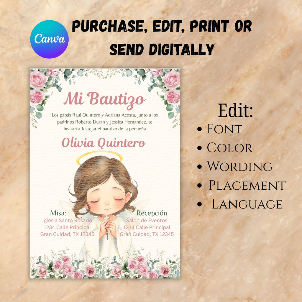Editable Baptism Invitation, Pink & Green Floral Printable Christening Invite, Instant Download Template