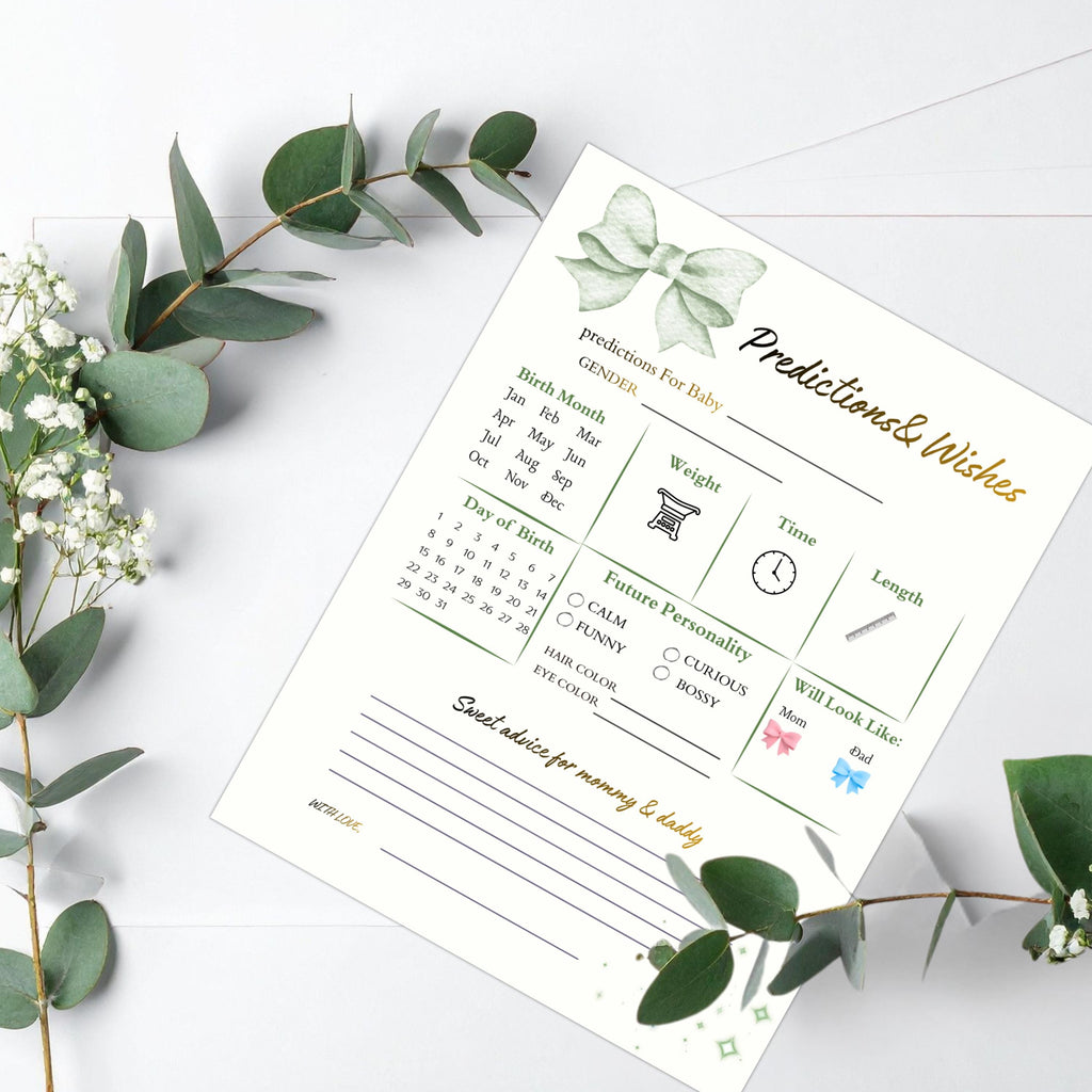Baby Shower Prediction And Wishes Card, Boho Gender Neutral, Green Printable Cards, Digital Download