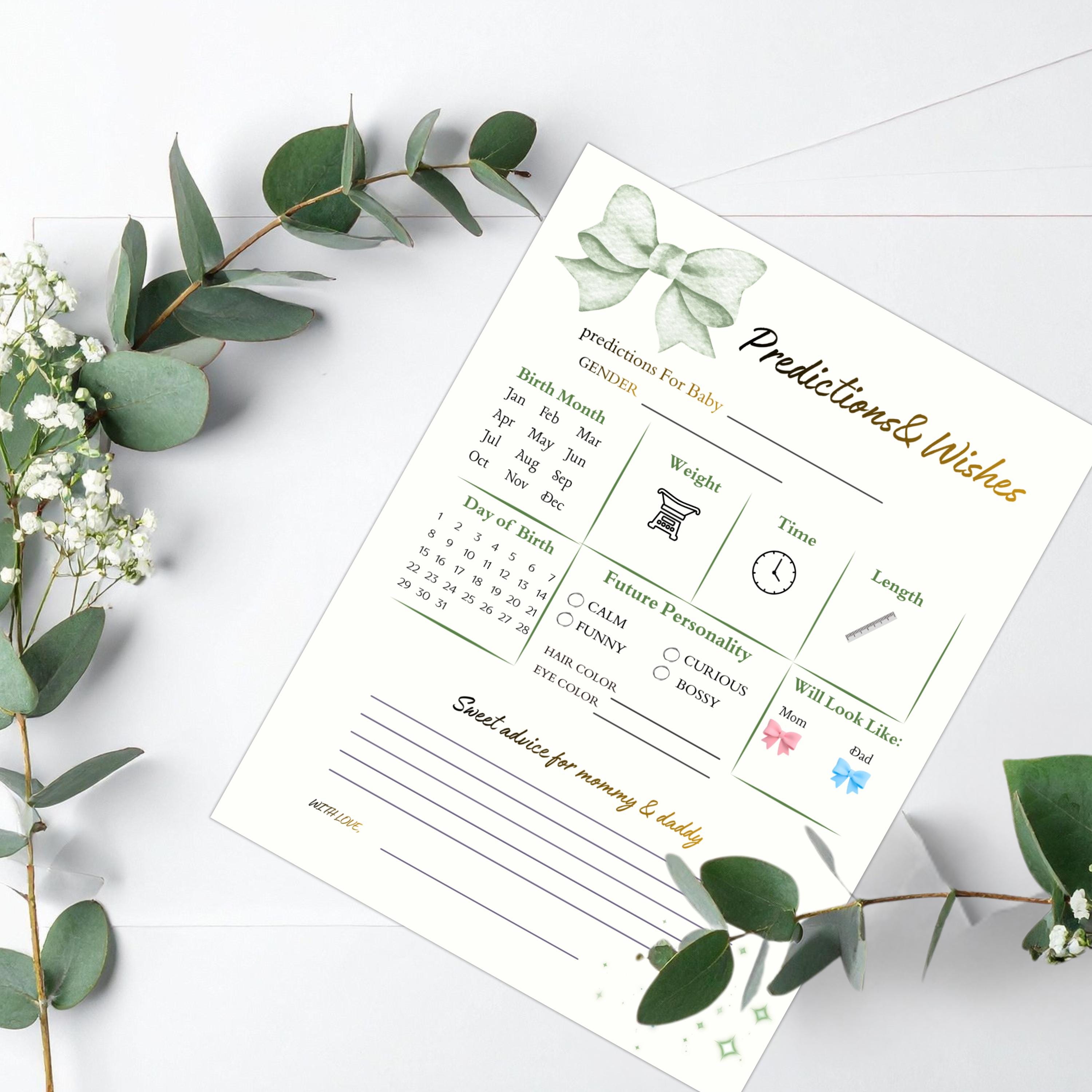 Baby Shower Prediction And Wishes Card, Boho Gender Neutral, Green Printable Cards, Digital Download