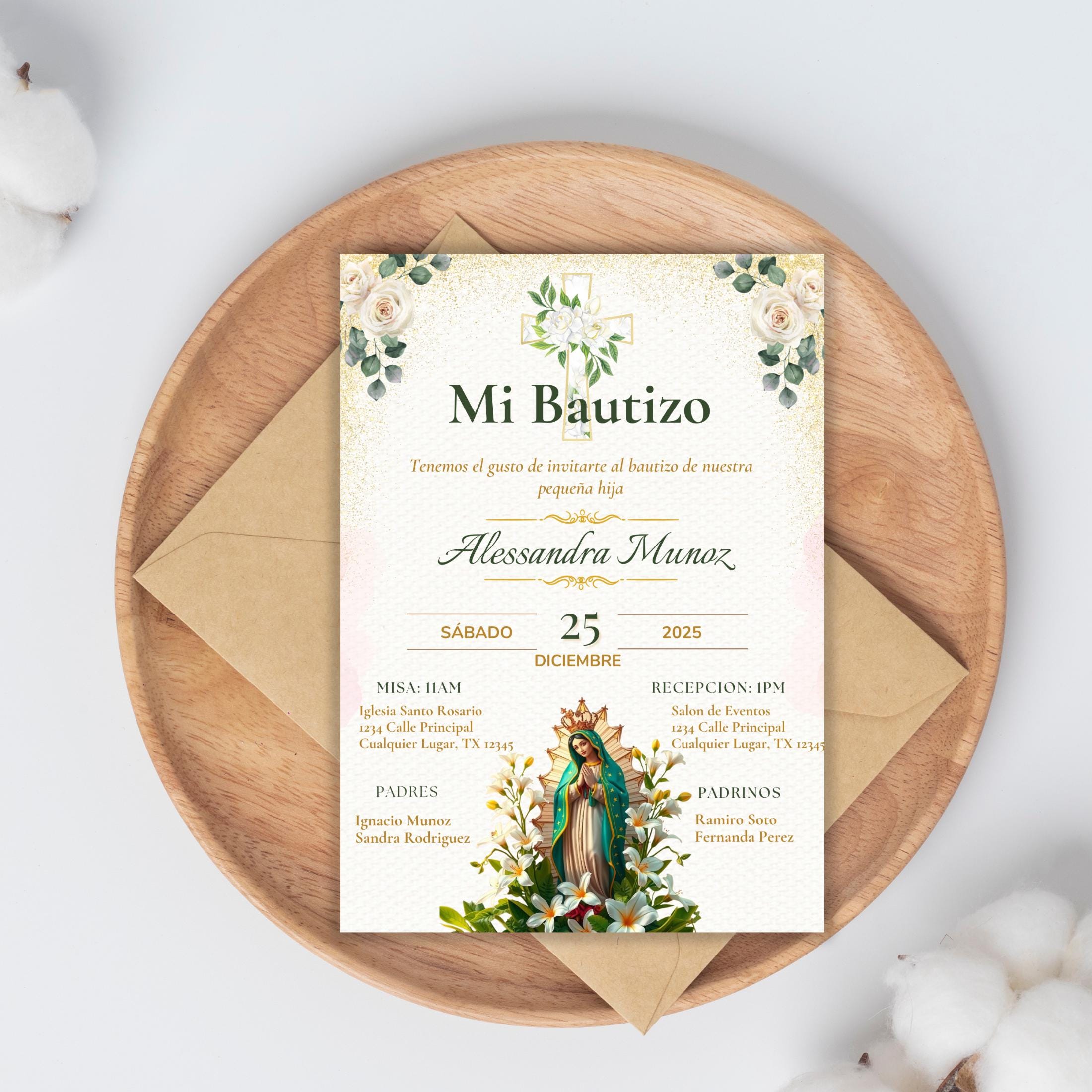 Virgen de Guadalupe Baptism Invitation: Spanish/English Boho Floral Religious Invite (Digital Download)