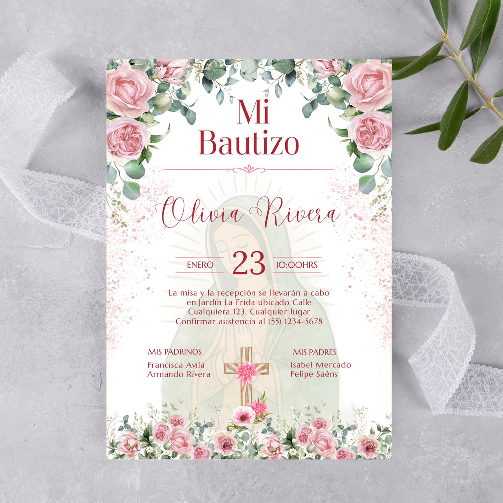 Pink Floral Spanish Baptism Invitation, Editable Elegant Christening Template, Pink Roses Invite For Girl