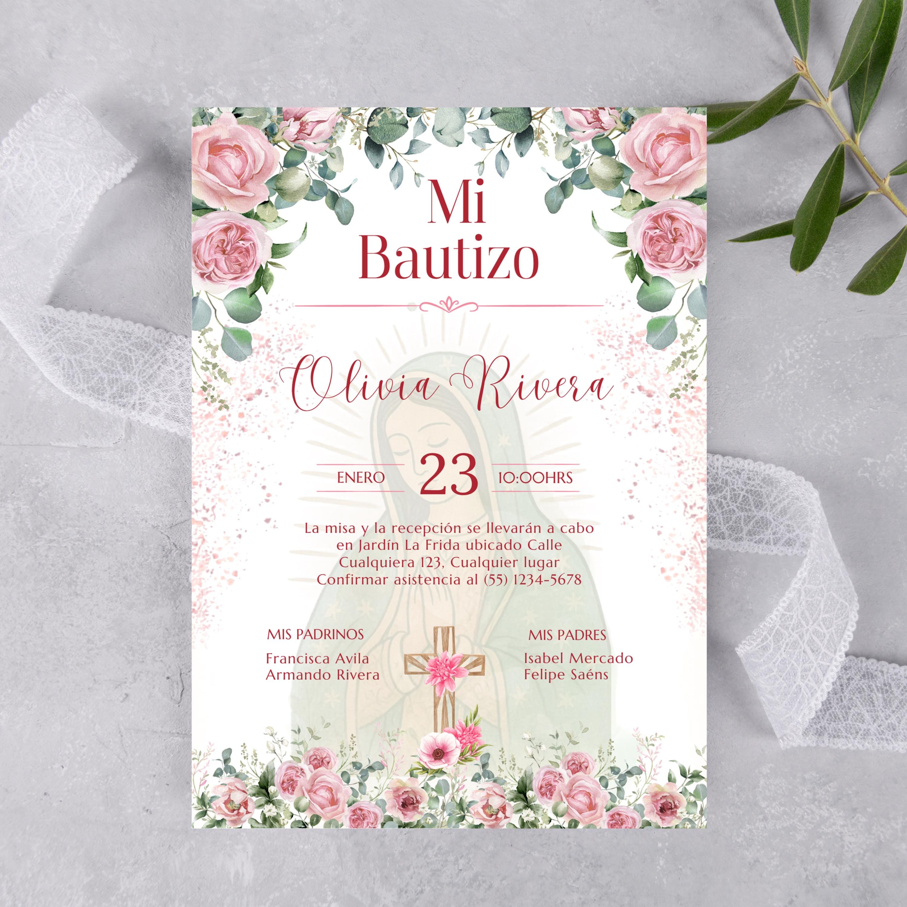 Pink Floral Spanish Baptism Invitation, Editable Elegant Christening Template, Pink Roses Invite For Girl